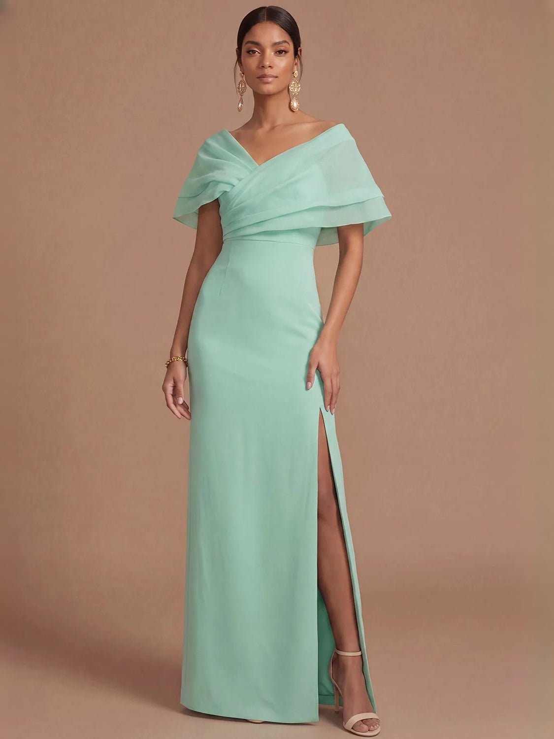 Side-Slit Back-Slit Ruffled Slit V Neck Sheath Maxi Organza Bridesmaid Dress for Formal Wedding