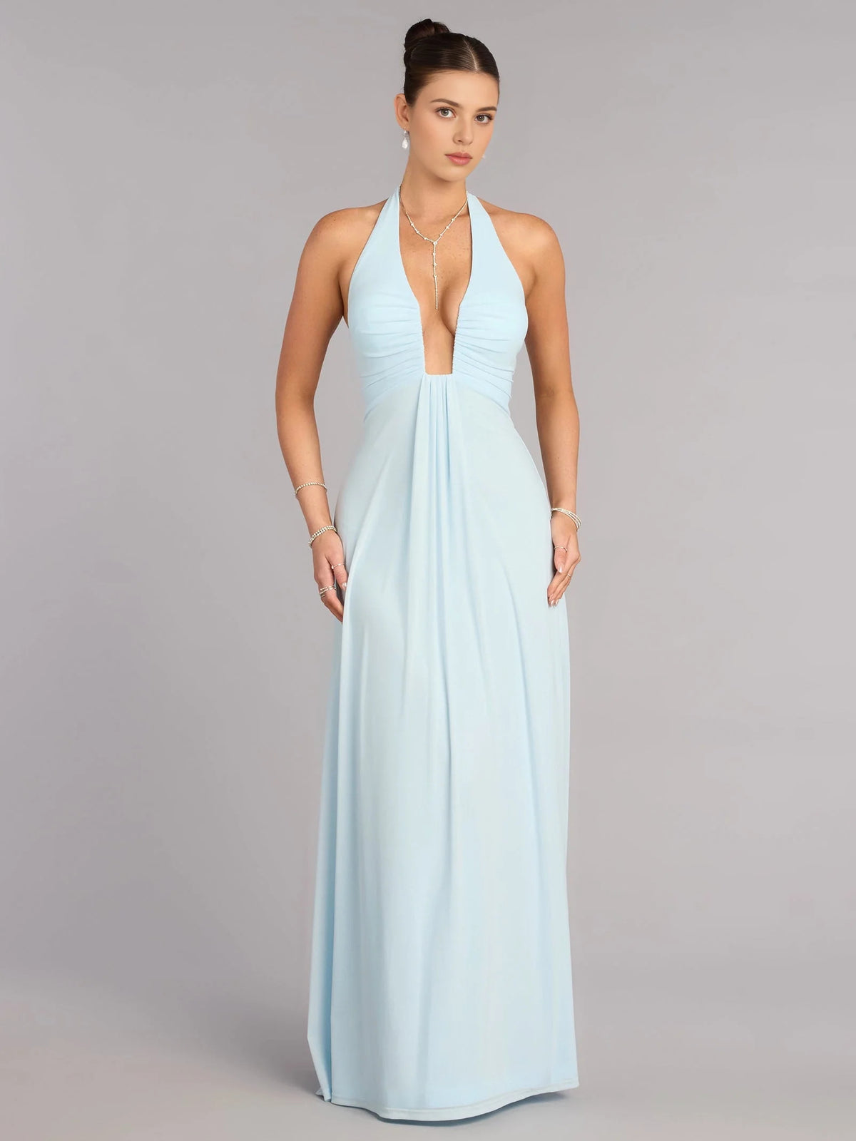 Draped Bow V Neck A-Line Floor-Length Prom Dress for Evening Ceremony