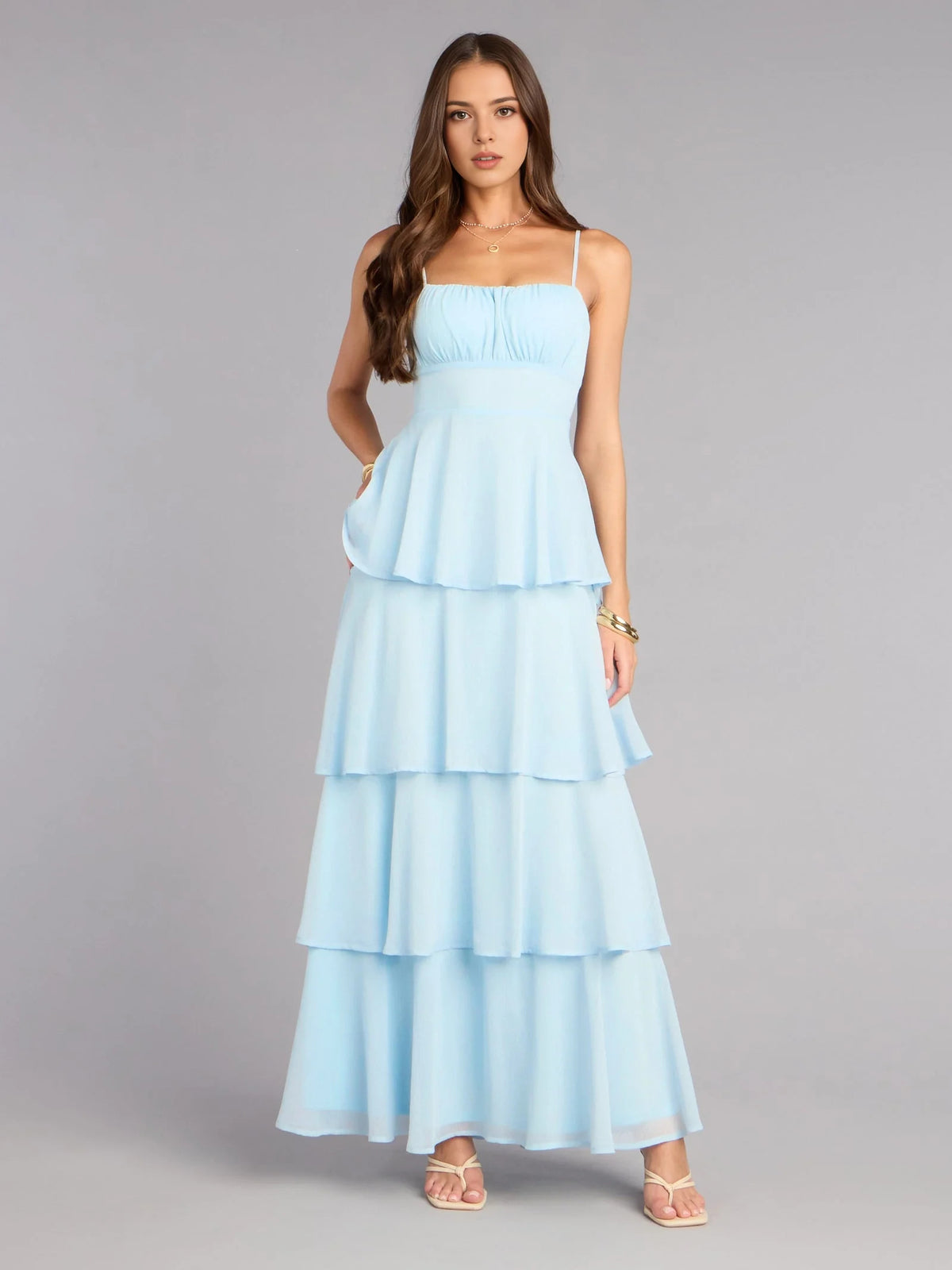 Draped Tiered Ruffled Square Neck A-Line Floor-Length Chiffon Prom Dress for Celebration Dinner