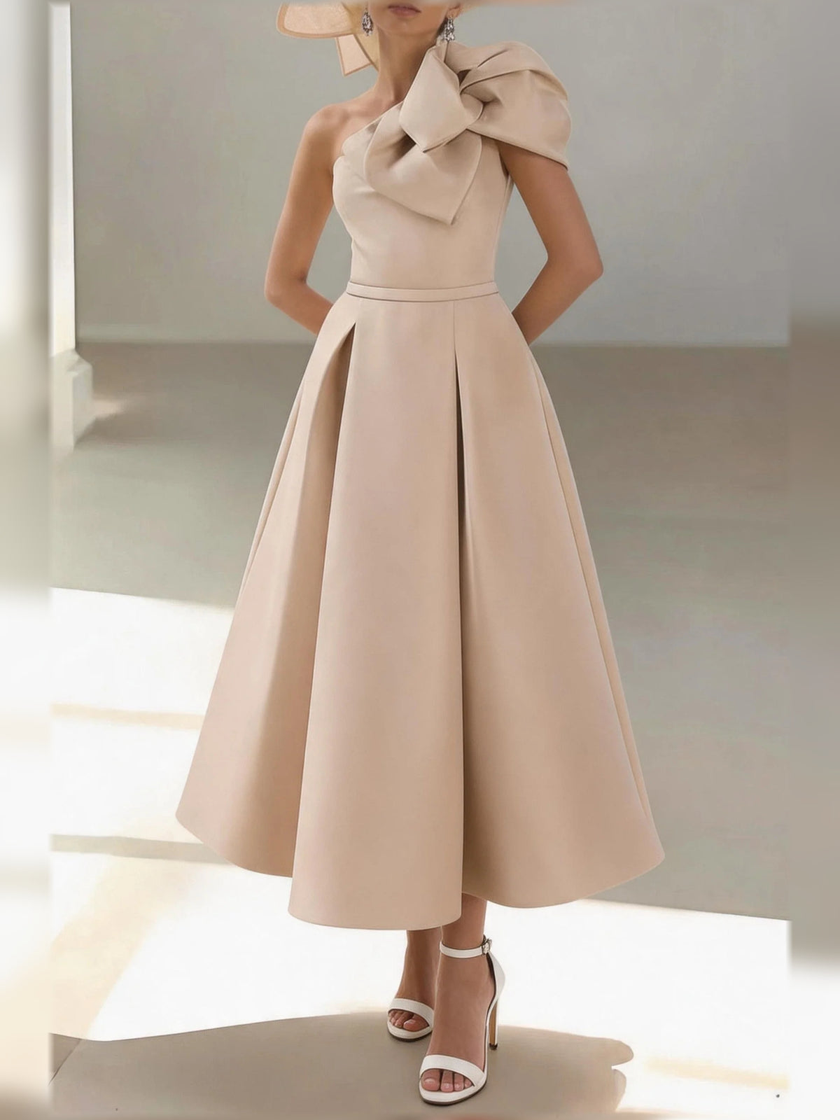 Pleated Draped One Shoulder A-Line Midi Satin Mother of the Bride Dress for Rehearsal Dinner