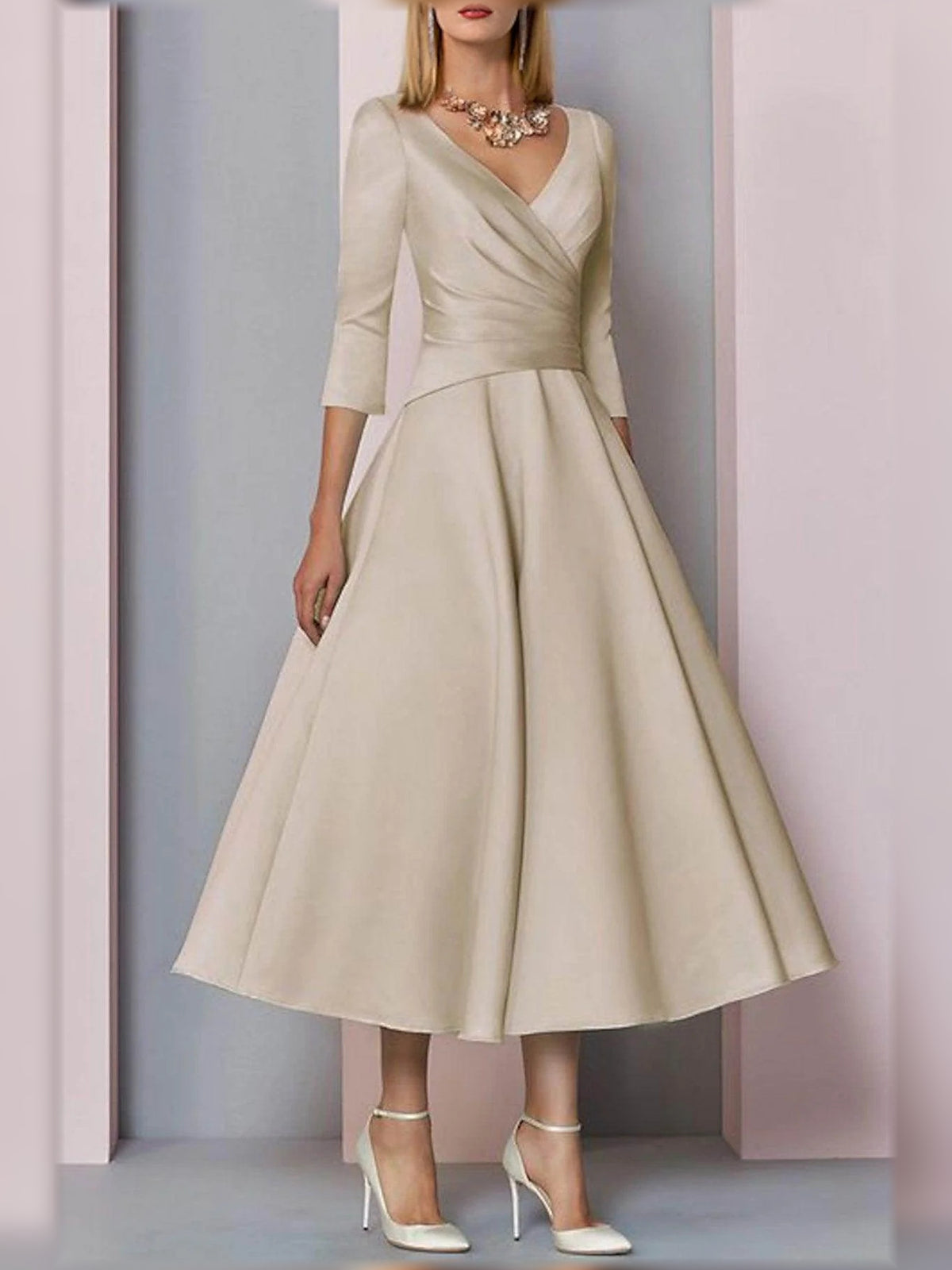 Ruched V Neck A-Line Midi Satin Mother of the Bride Dress for Formal Reception