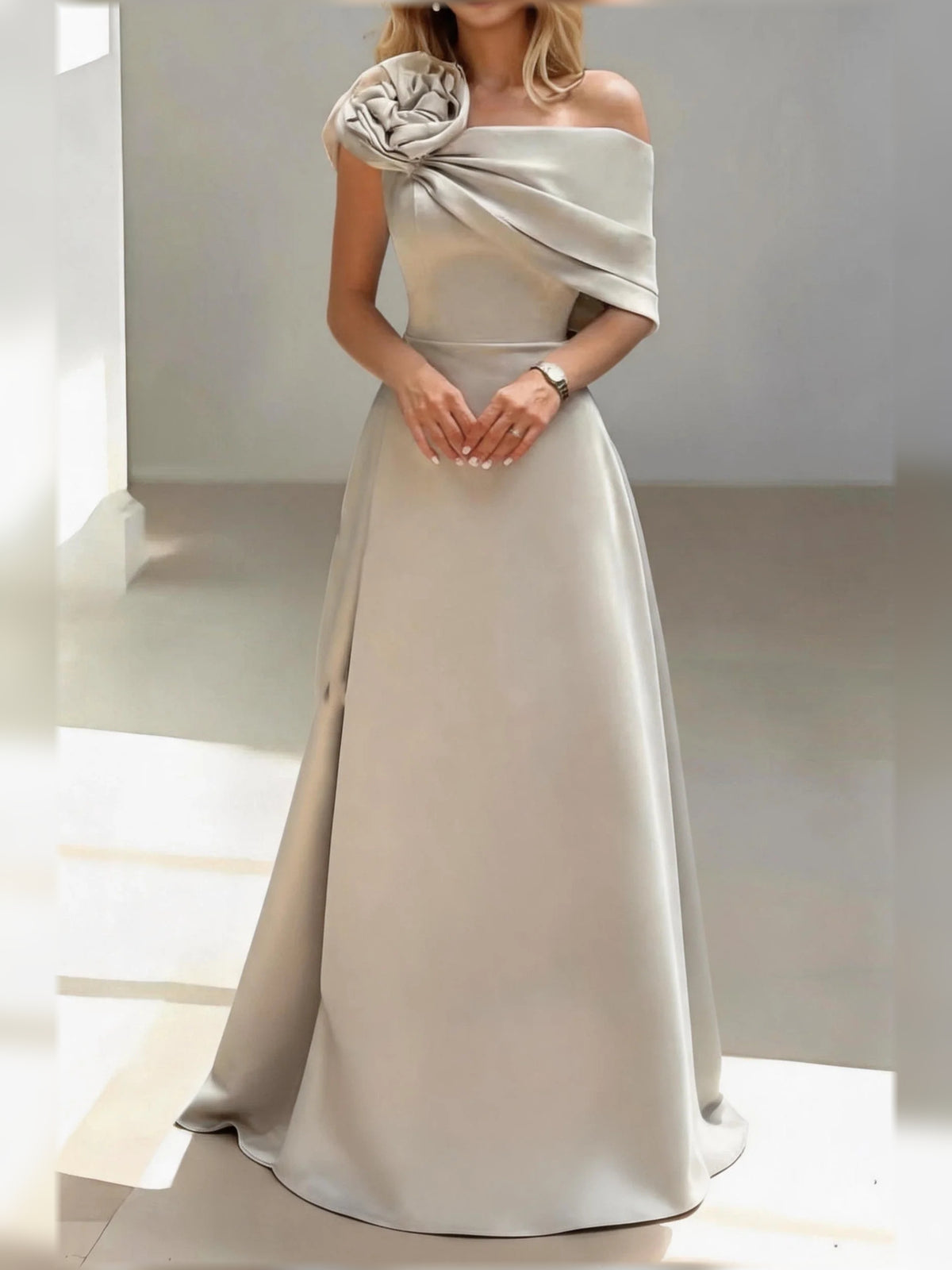 Draped One Shoulder A-Line Floor-Length Satin Mother of the Bride Dress for Wedding Reception
