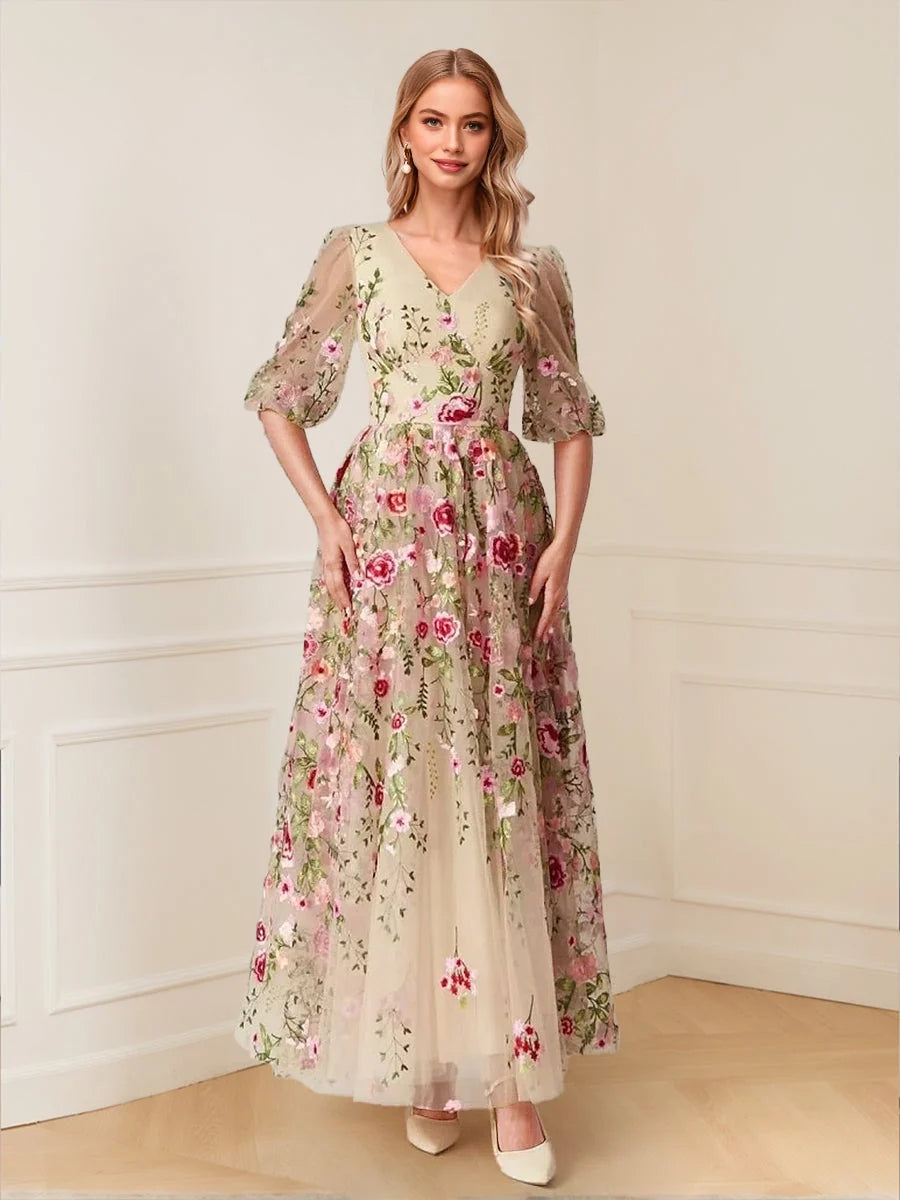 Embroidered Floral V Neck A-Line Maxi Tulle Mother of the Bride Dress for Formal Wedding