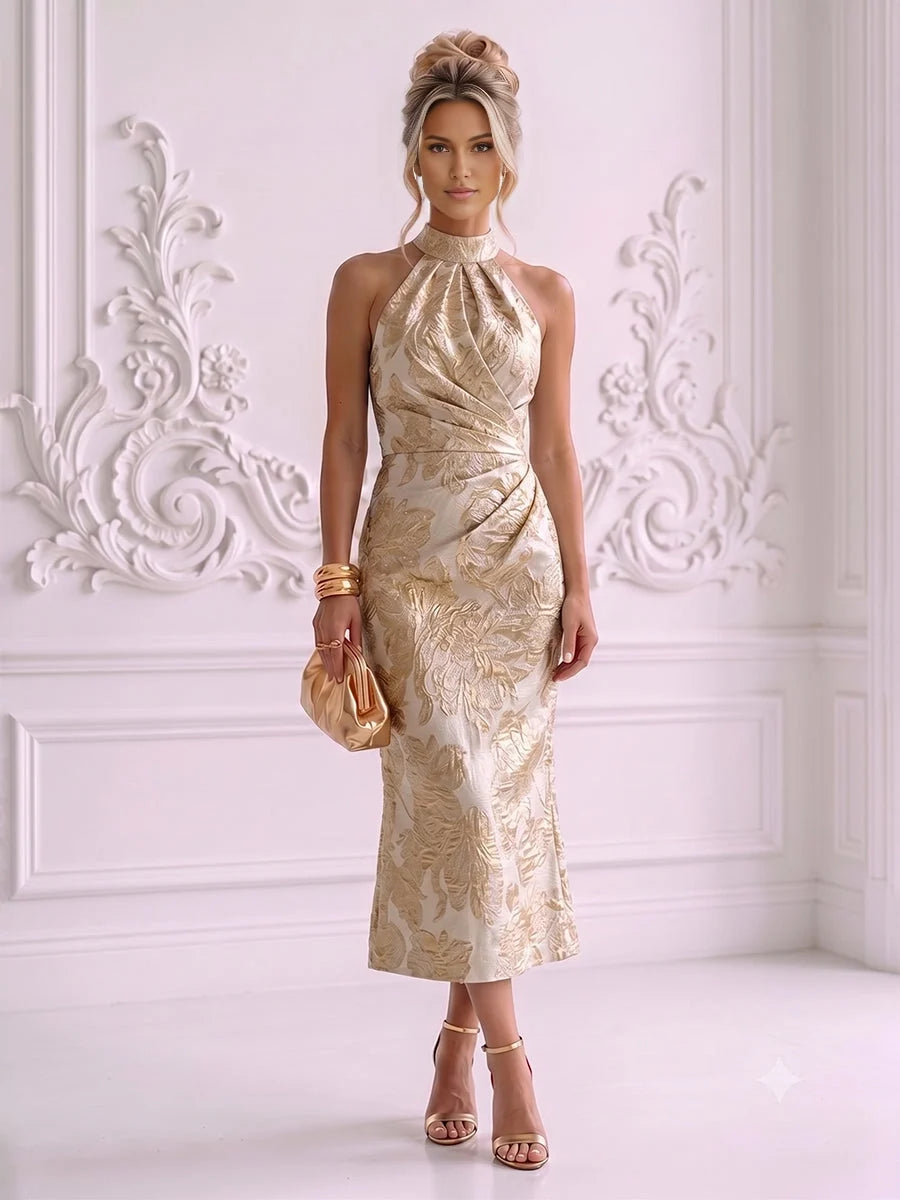 Ruched Draped Floral Halter Neck Sheath Tea-Length Mother of the Bride Dress for Hotel Wedding