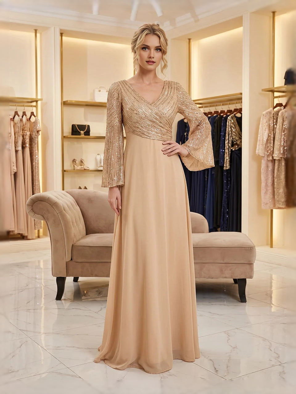 Sequin V Neck A-Line Floor-Length Chiffon Mother of the Bride Dress for Anniversary Celebration