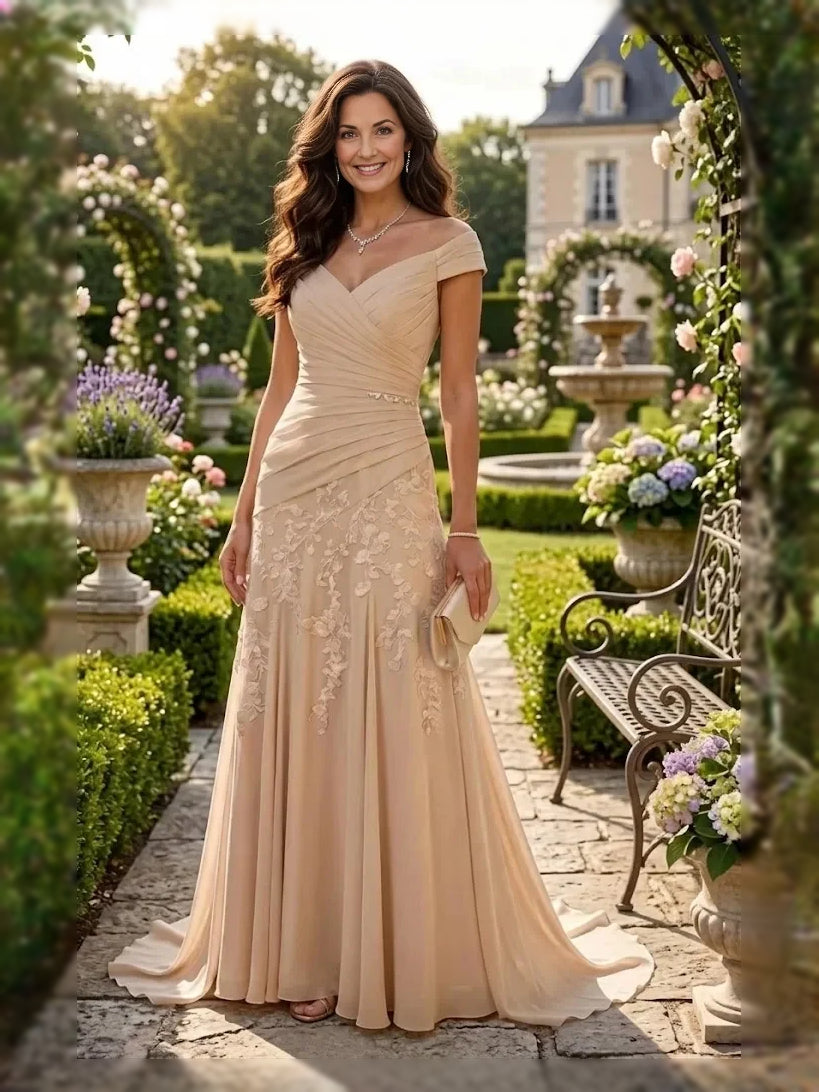 Ruched V Neck A-Line Floor-Length Chiffon Mother of the Bride Dress for Church Wedding