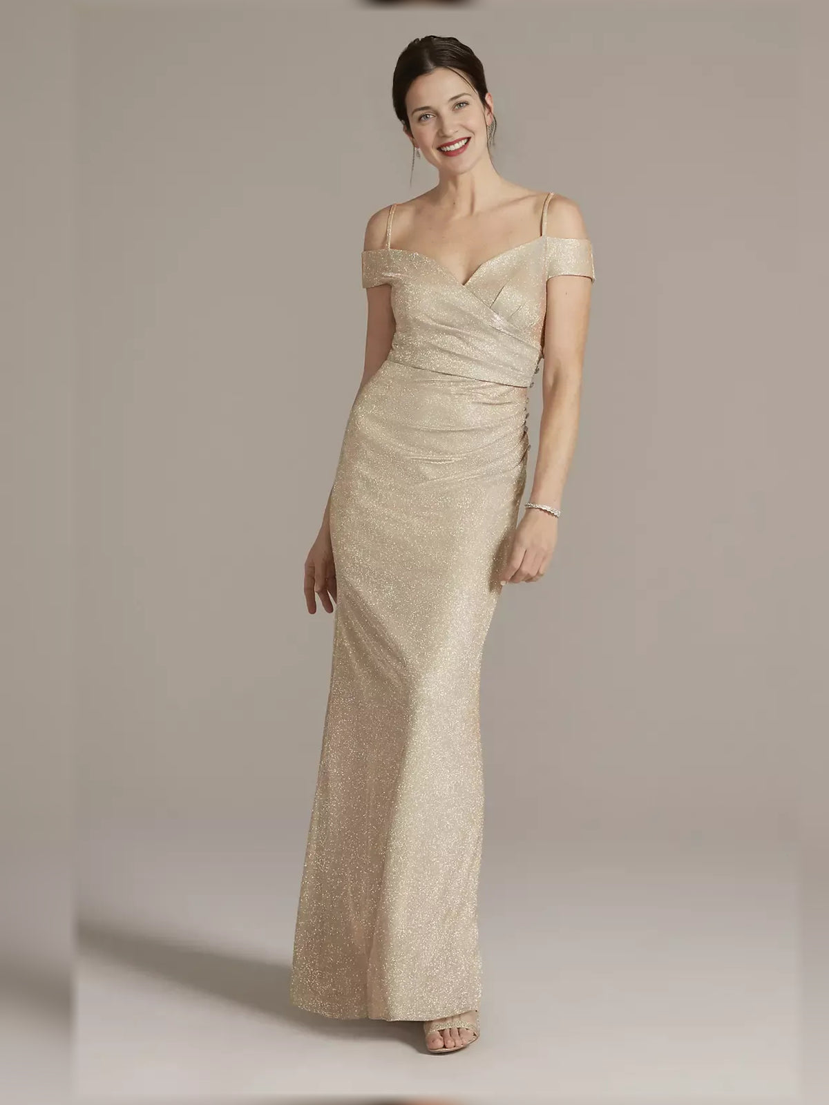 Ruched Glitter Off Shoulder Sheath Floor-Length Mother of the Bride Dress for Formal Ceremony