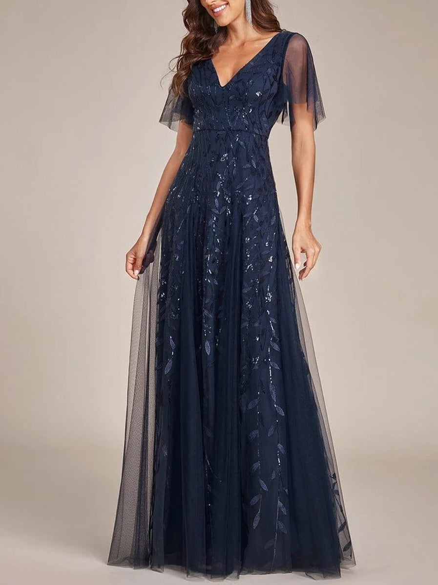 Layered Embroidered V Neck A-Line Floor-Length Tulle Mother of the Bride Dress for Evening Wedding