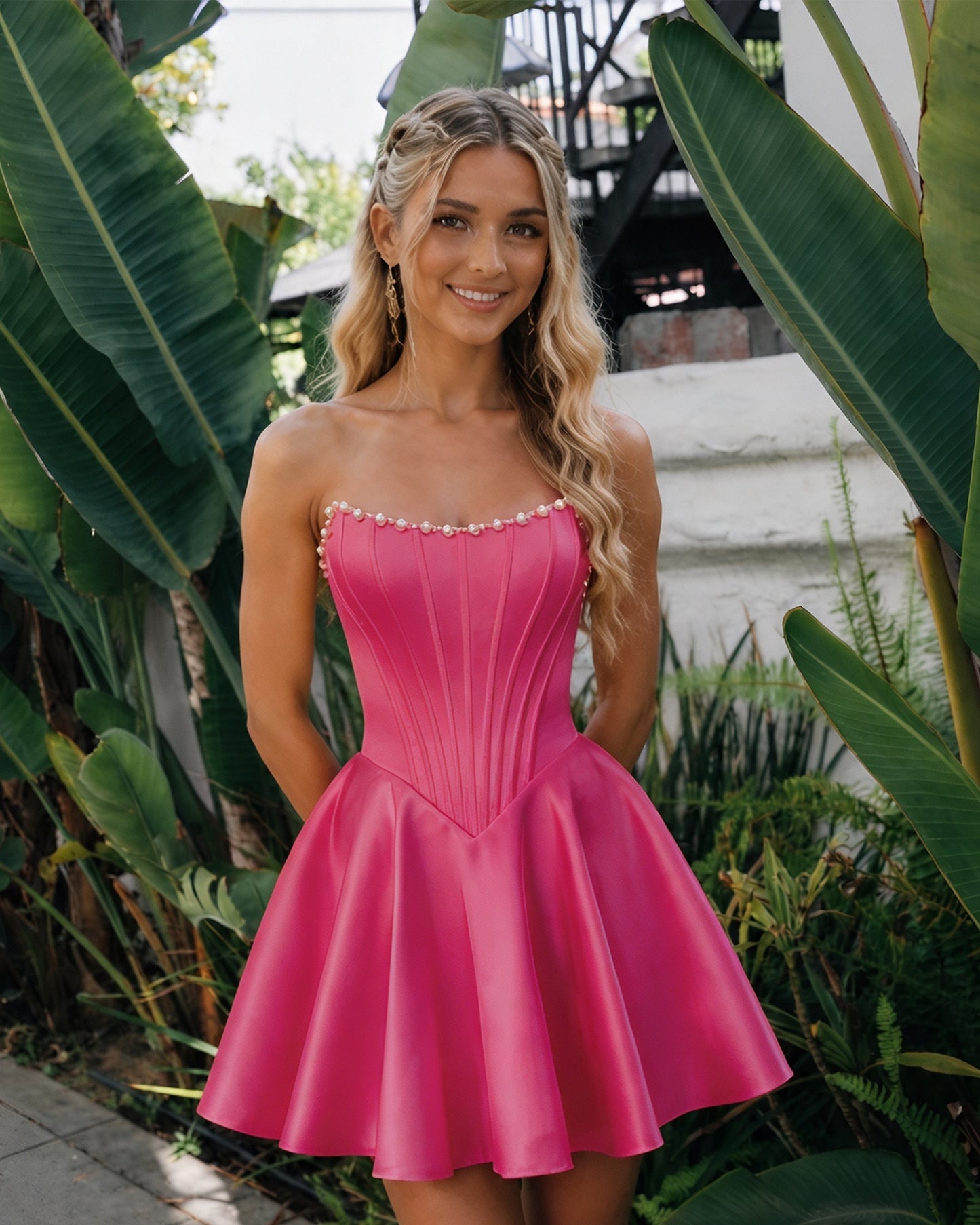 Strapless Pearl Trim Satin Corset Homecoming Dress