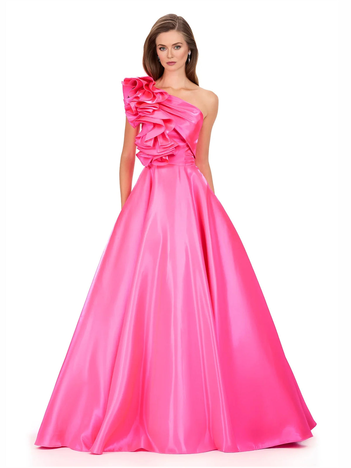 Ruffled One Shoulder A-Line Floor-Length Satin Prom Dress for Evening Event