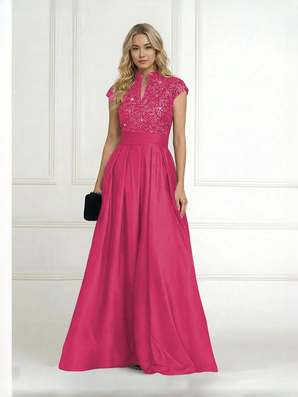 Pleated Sequin High Neck A-Line Floor-Length Satin Mother of the Bride Dress for Ceremony Dinner