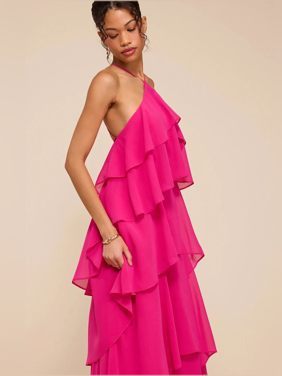 Draped Tiered Ruffled V Neck A-Line Maxi Chiffon Bridesmaid Dress for Wedding Reception