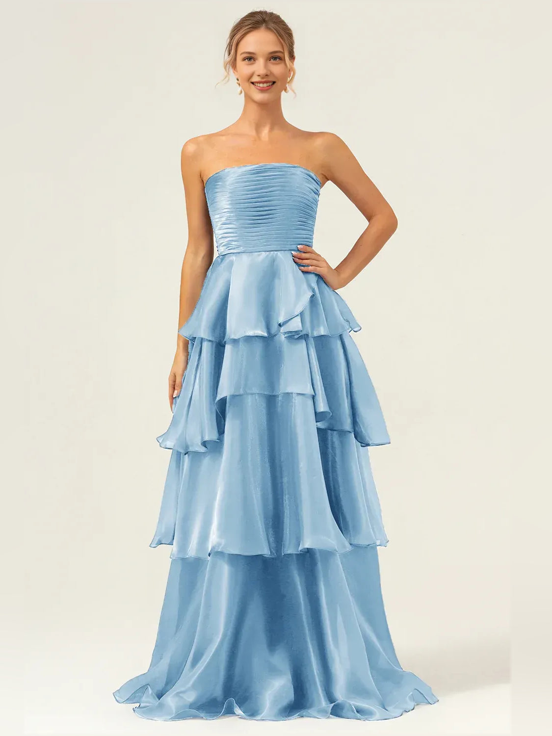 Ruched Tiered Ruffled Strapless A-Line Floor-Length Organza Prom Dress for Pageant