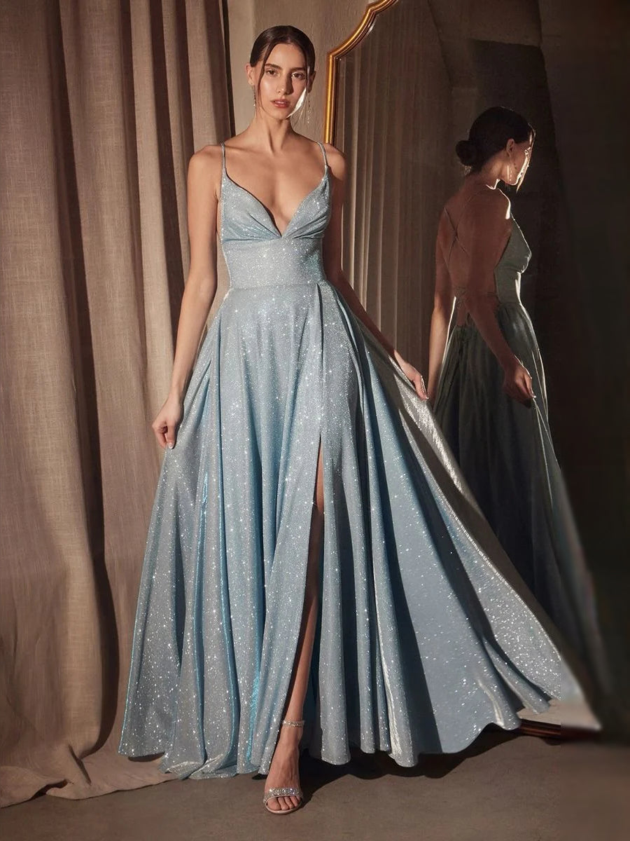 Glitter Slit V Neck A-Line Floor-Length Prom Dress for Special Occasion