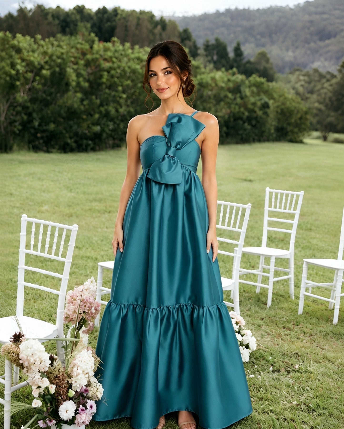 One-Shoulder Satin A-Line Bridesmaid Dress with Statement Ruffle
