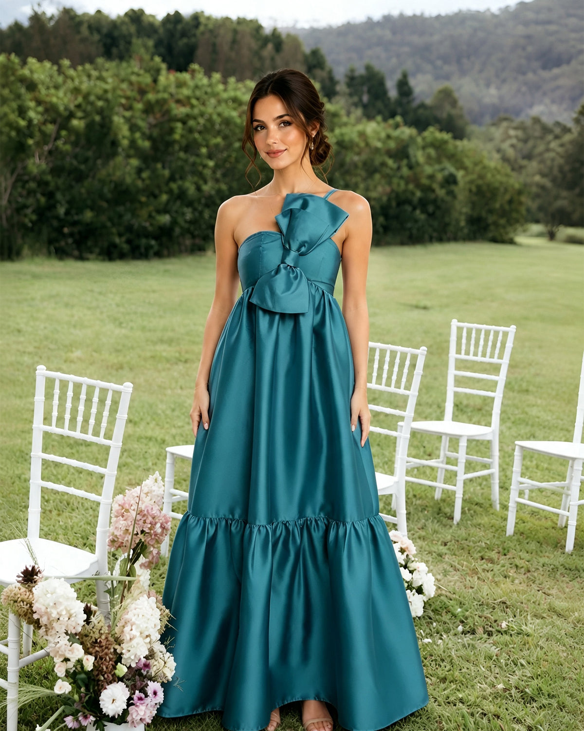 One-Shoulder Satin A-Line Bridesmaid Dress with Statement Ruffle
