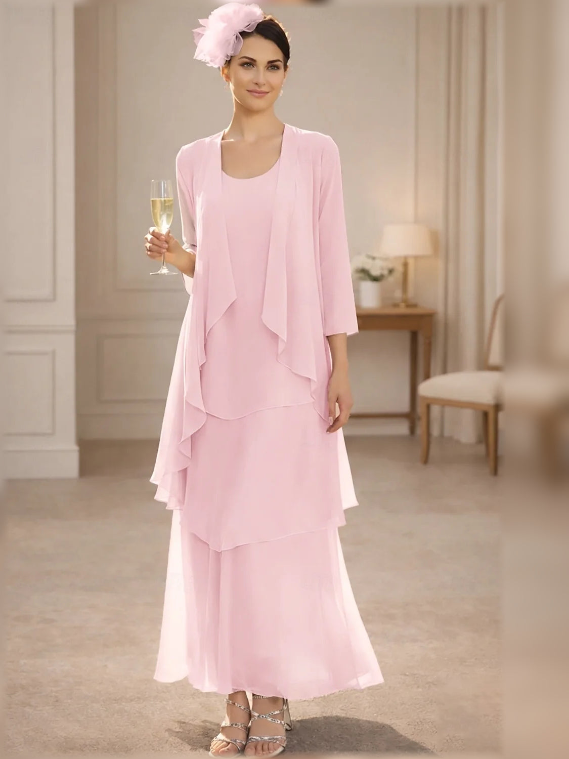 Layered Scoop Neck A-Line Maxi Chiffon Mother of the Bride Dress for Estate Wedding