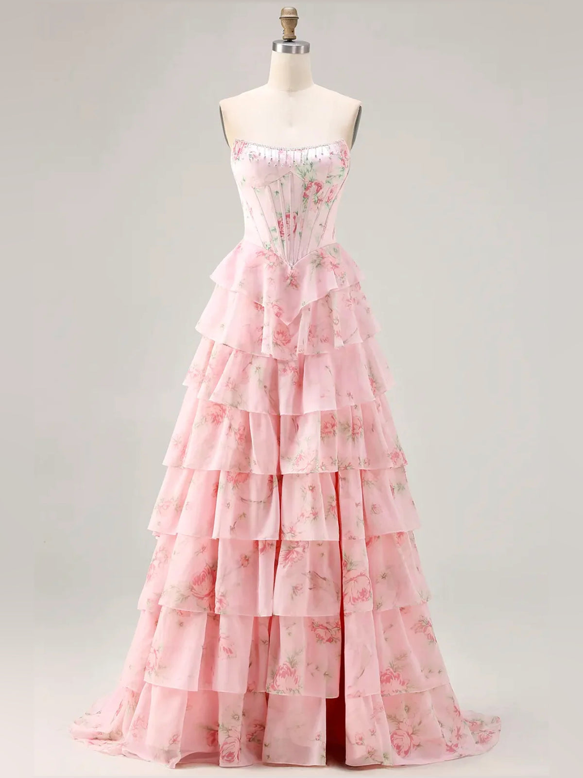 Corset Tiered Floral Ruffled Slit Strapless A-Line Floor-Length Tulle Prom Dress for Formal Reception