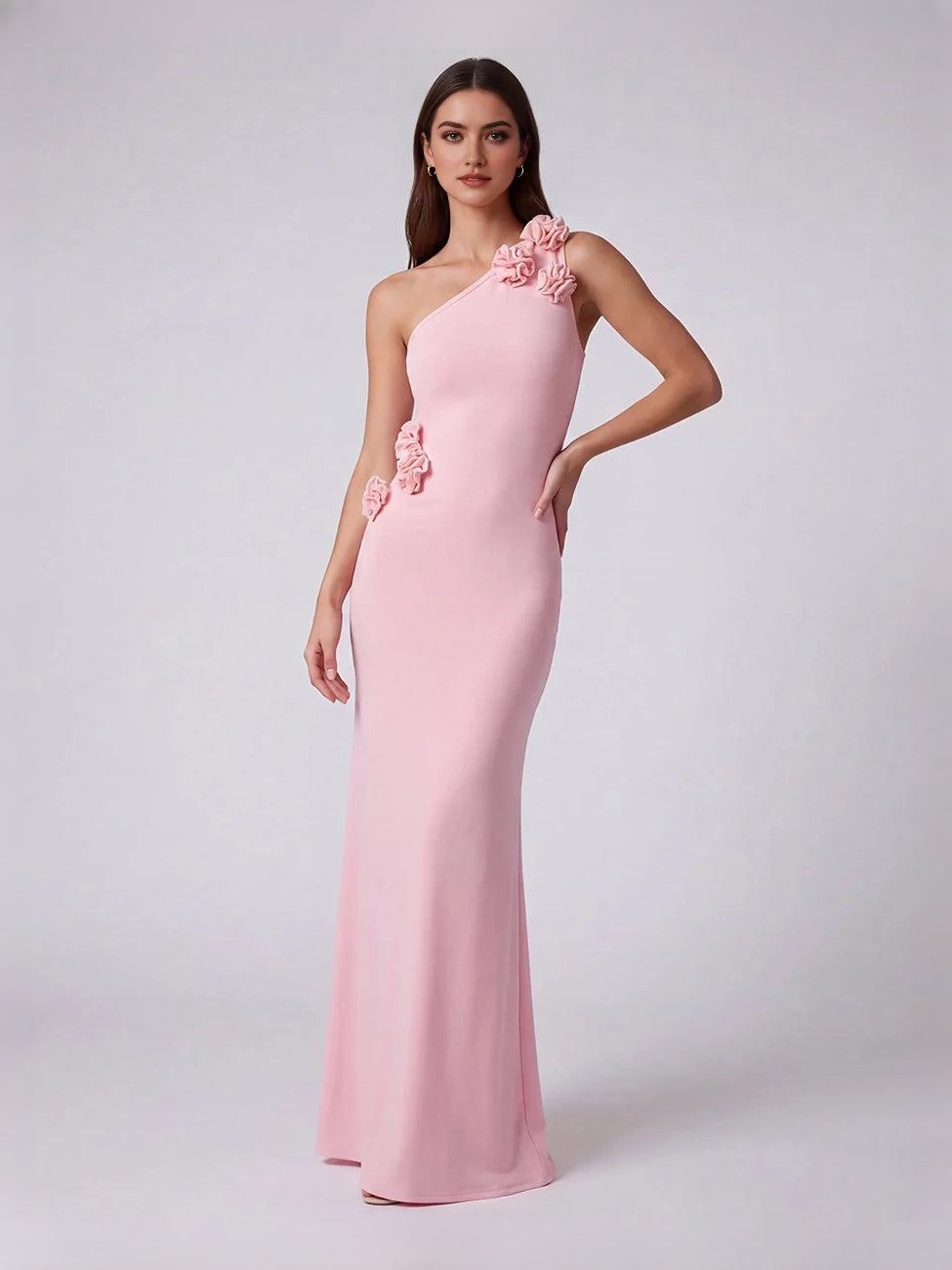 Cut-Out Floral One Shoulder Mermaid Floor-Length Jersey Bridesmaid Dress for Church Wedding