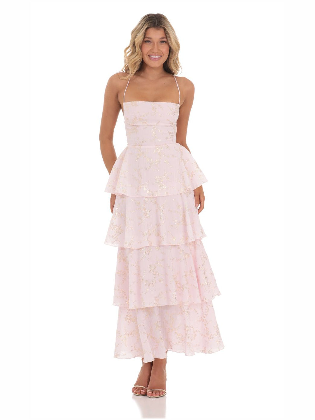 Pink Floral Print Square Neck Spaghetti Strap Midi Formal Dress