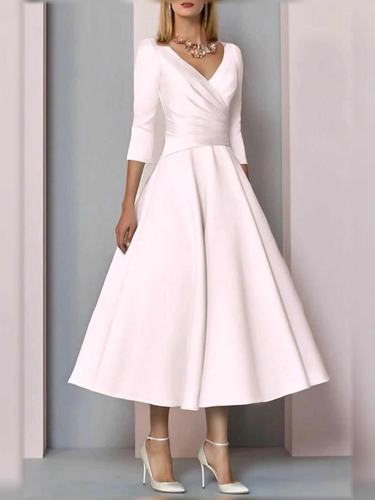 Ruched V Neck A-Line Midi Satin Mother of the Bride Dress for Formal Reception