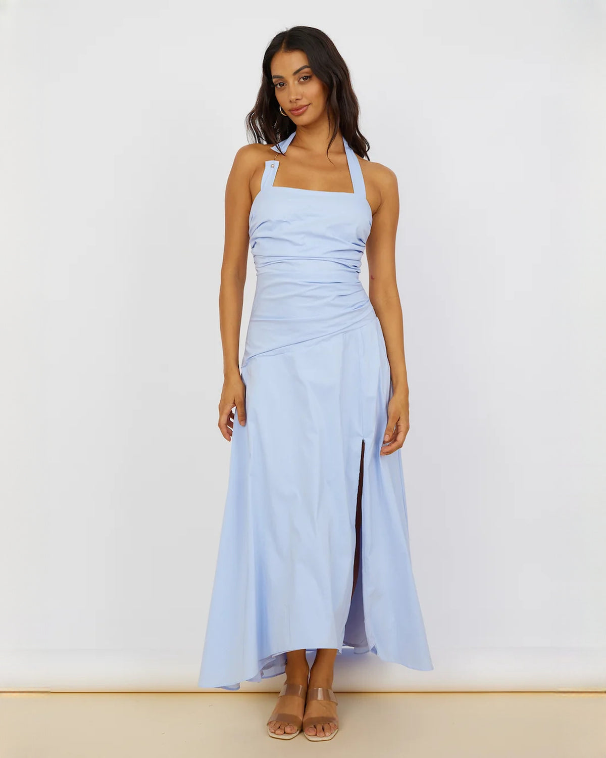 Sleeveless Structured Satin A-Line Maxi Bridesmaid Dress for Bridal Luncheon