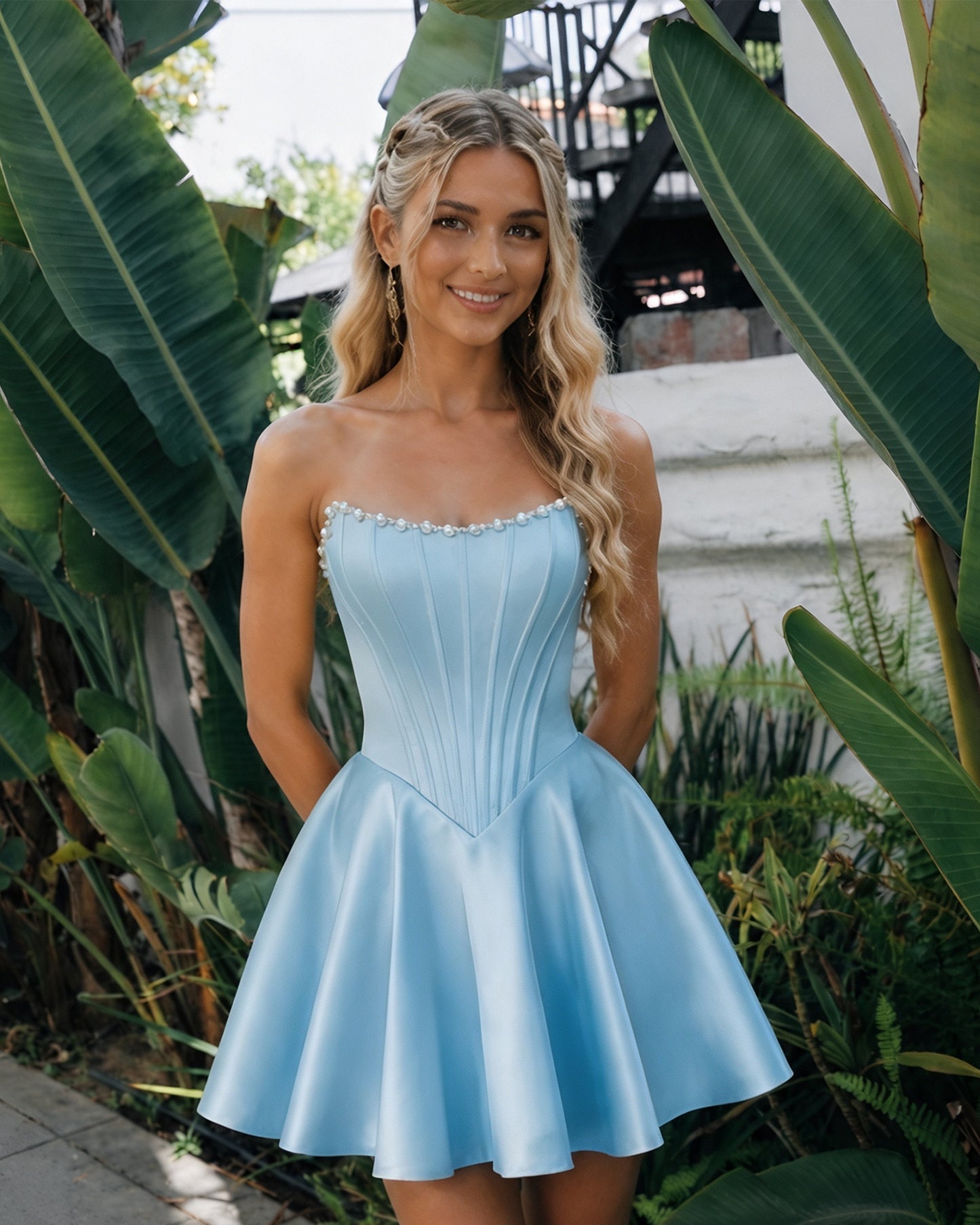 Strapless Pearl Trim Satin Corset Homecoming Dress