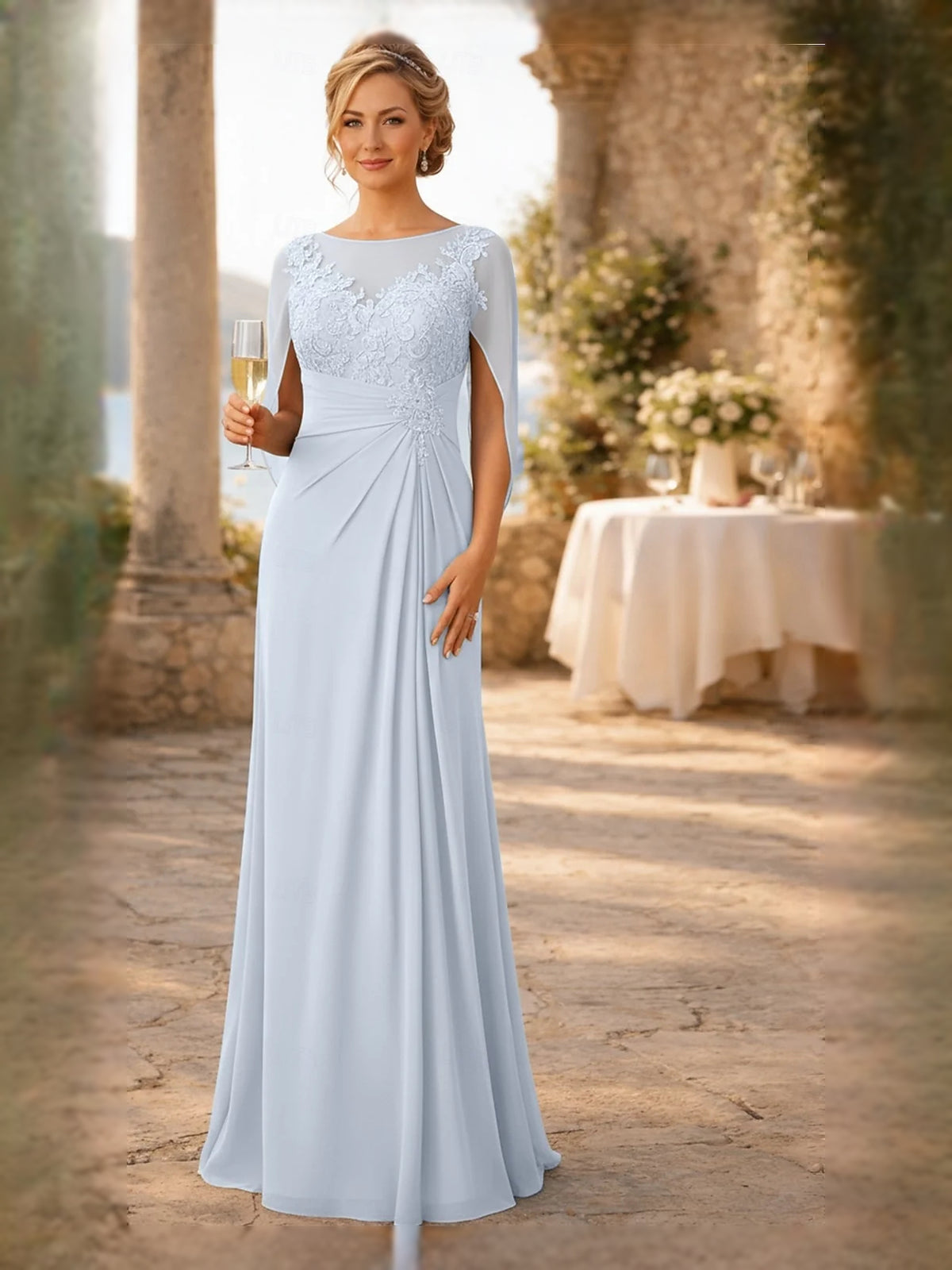 Draped Floral V Neck Sheath Floor-Length Chiffon Mother of the Bride Dress for Destination Wedding