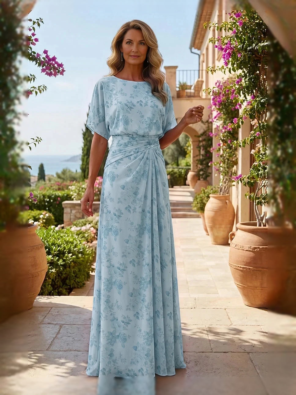Draped Front-Slit Floral Slit Off Shoulder A-Line Short Chiffon Mother of the Bride Dress for Formal Wedding