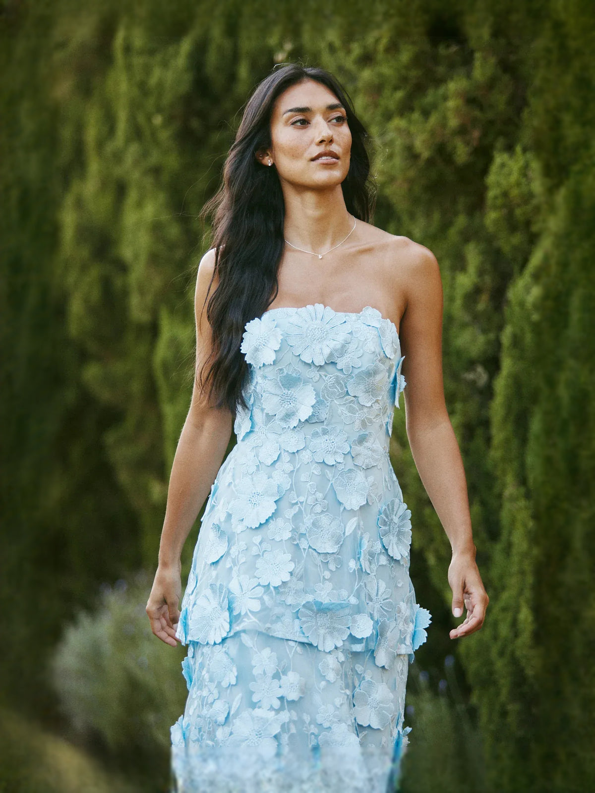 Tiered Flower-Applique Floral Strapless A-Line Floor-Length Prom Dress for Evening Ceremony