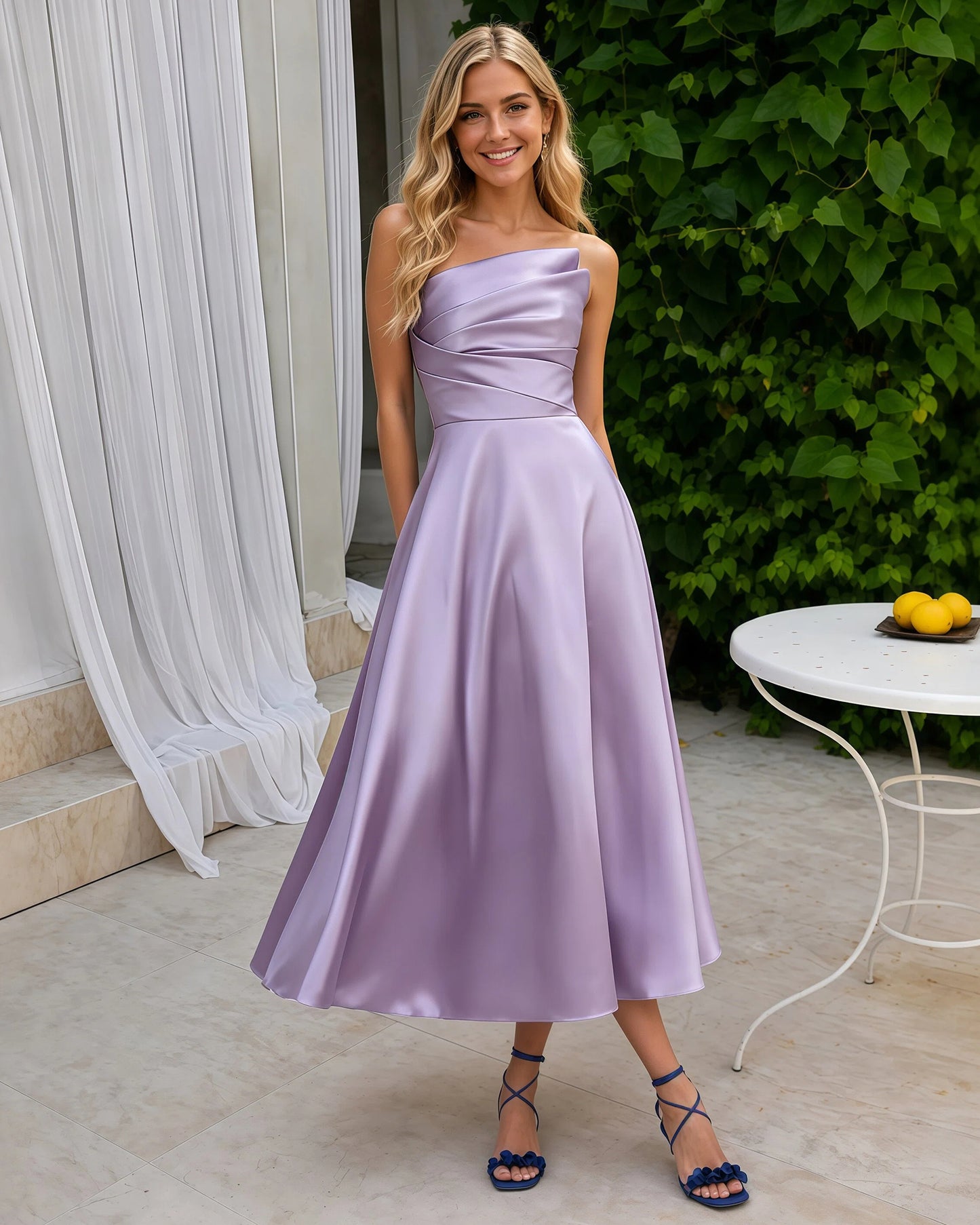 Strapless Satin Tea-Length A-Line Formal Dress