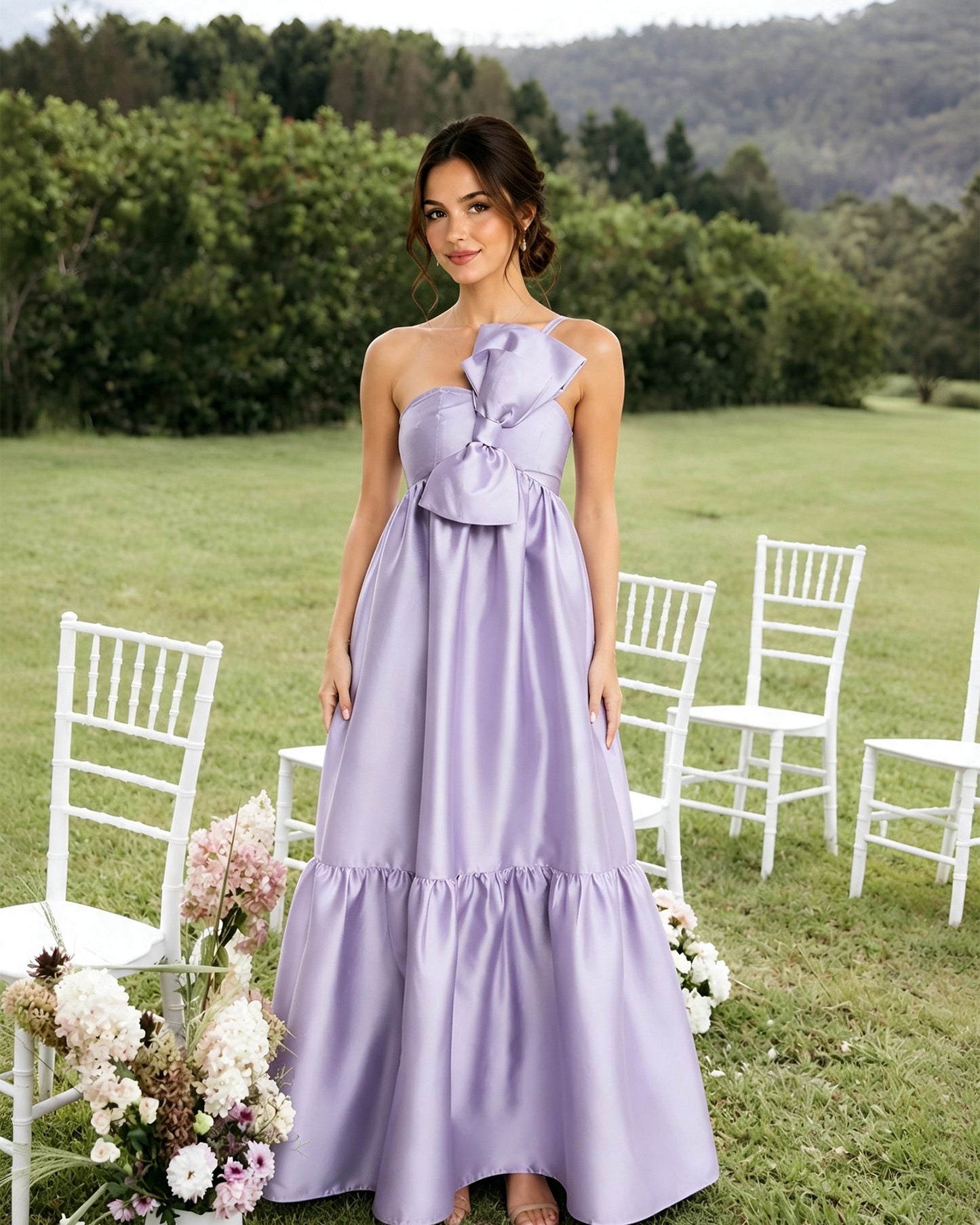 One-Shoulder Satin A-Line Bridesmaid Dress with Statement Ruffle