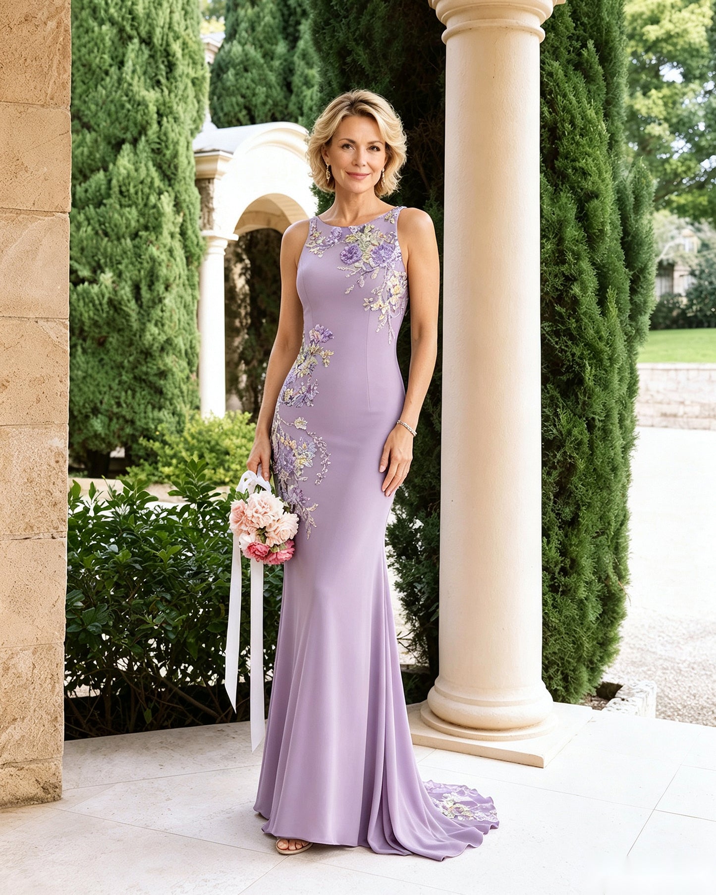 Floral Embroidered Halter Mother of the Bride Dress with Statement Train