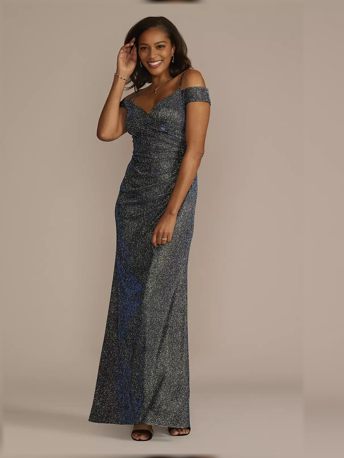 Ruched Glitter Off Shoulder Sheath Floor-Length Mother of the Bride Dress for Formal Ceremony