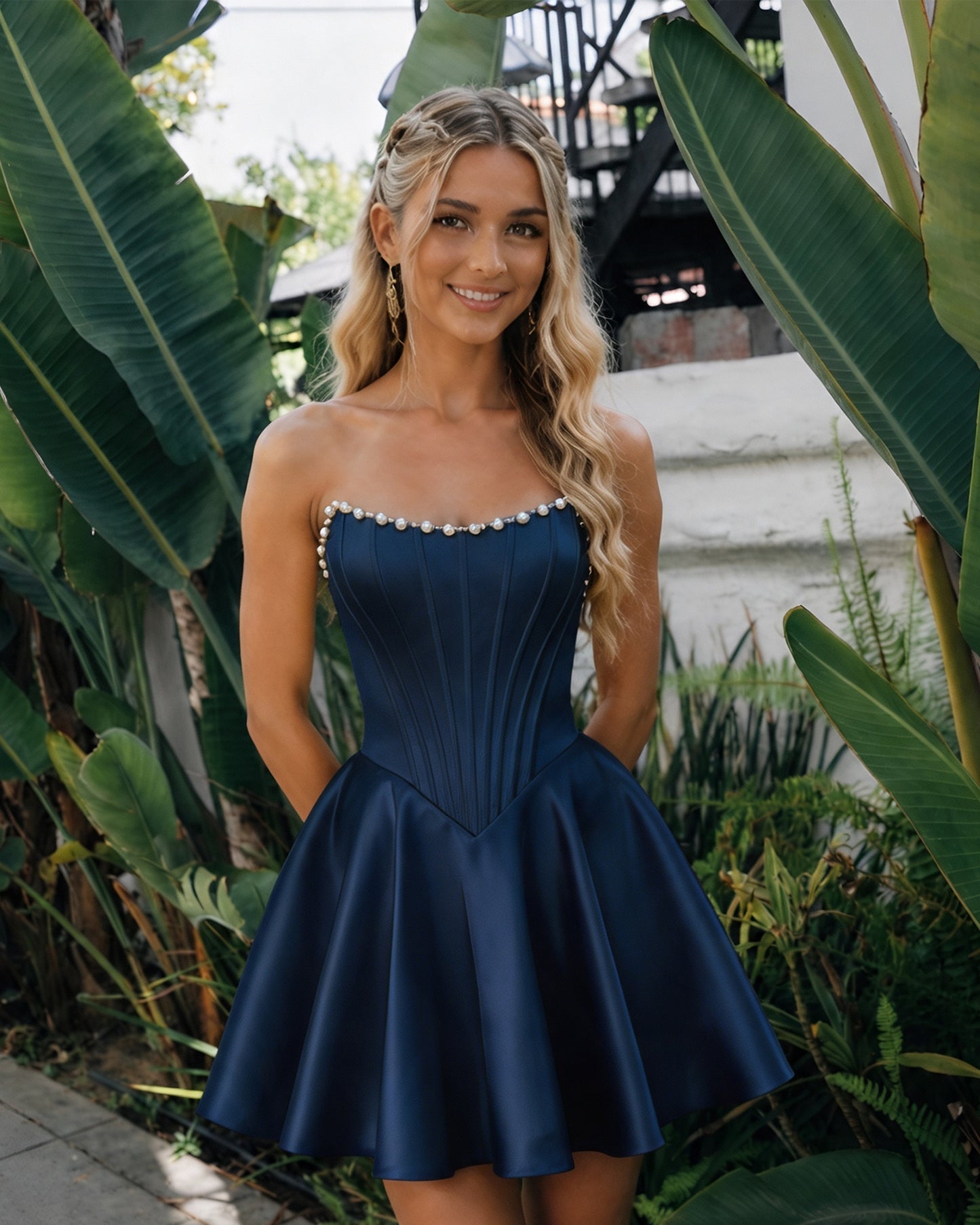 Strapless Pearl Trim Satin Corset Homecoming Dress