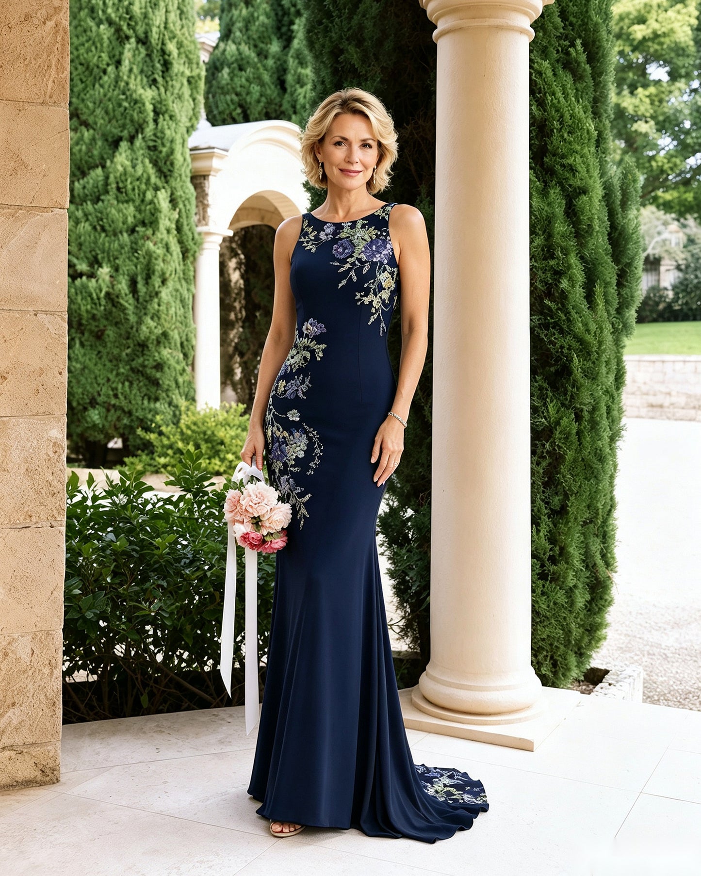 Floral Embroidered Halter Mother of the Bride Dress with Statement Train