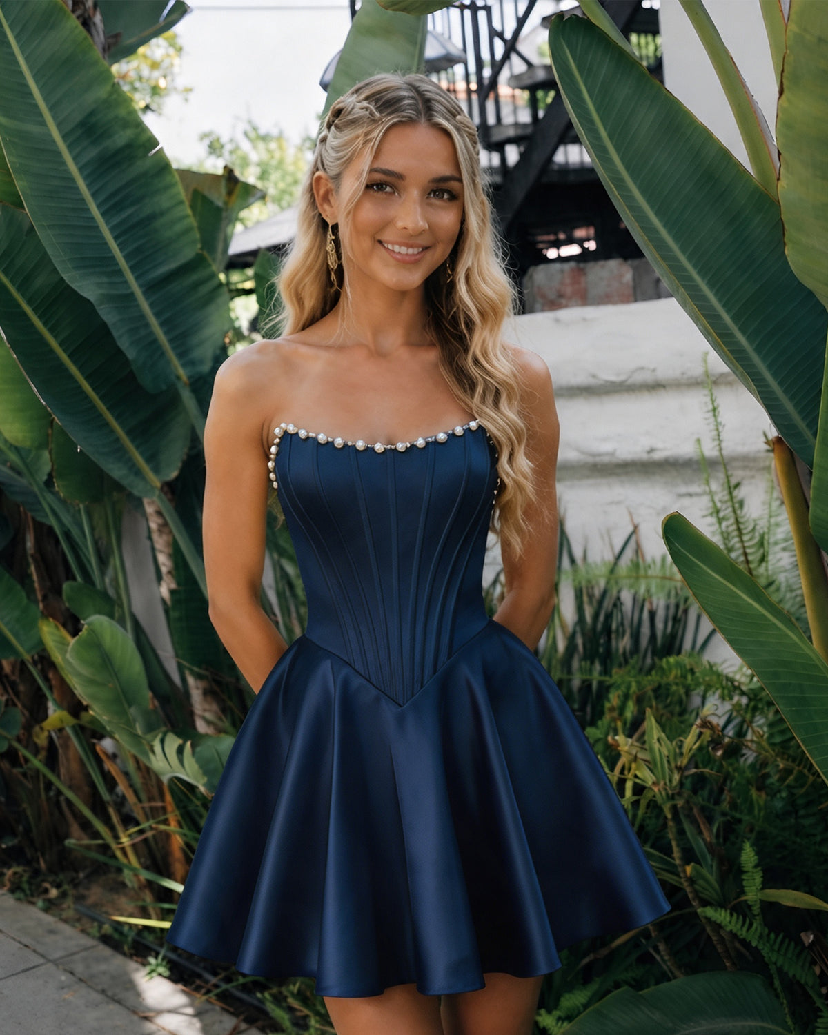 Strapless Pearl Trim Satin Corset Homecoming Dress