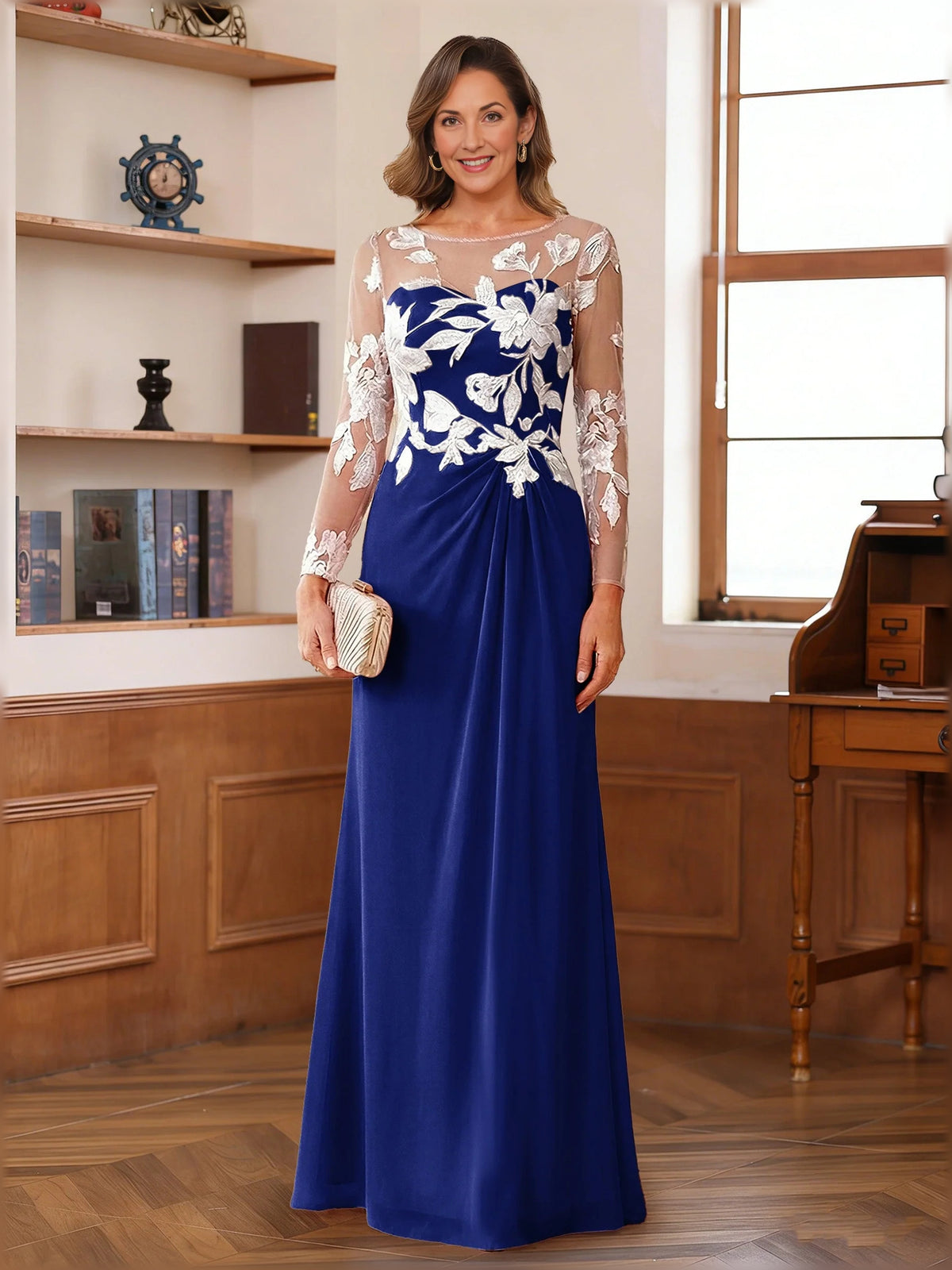 Floral Long-Sleeve A-Line Floor-Length Chiffon Mother of the Bride Dress for Evening Reception