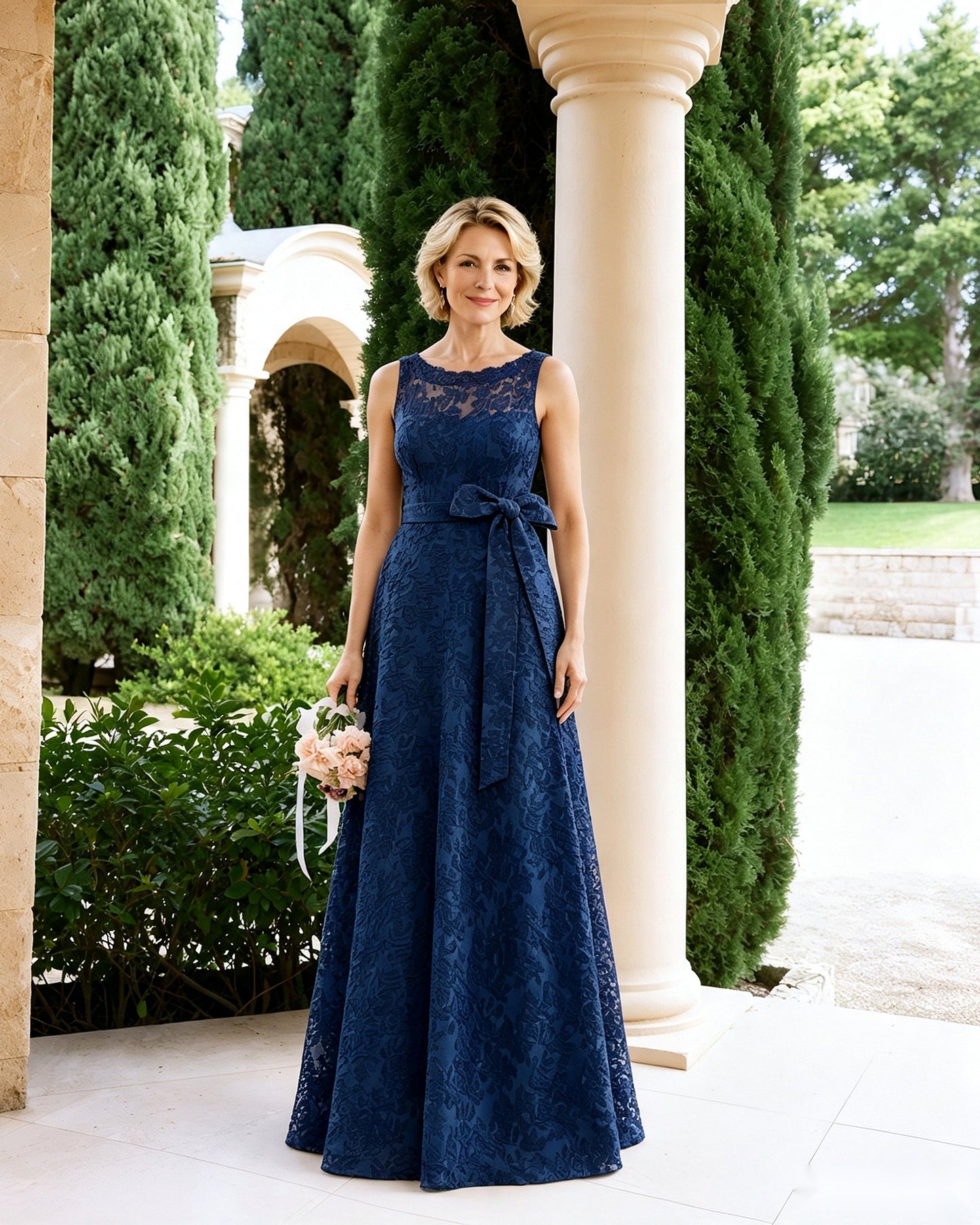 Sleeveless Lace A-Line Mother of the Bride Dress with Sash Bow