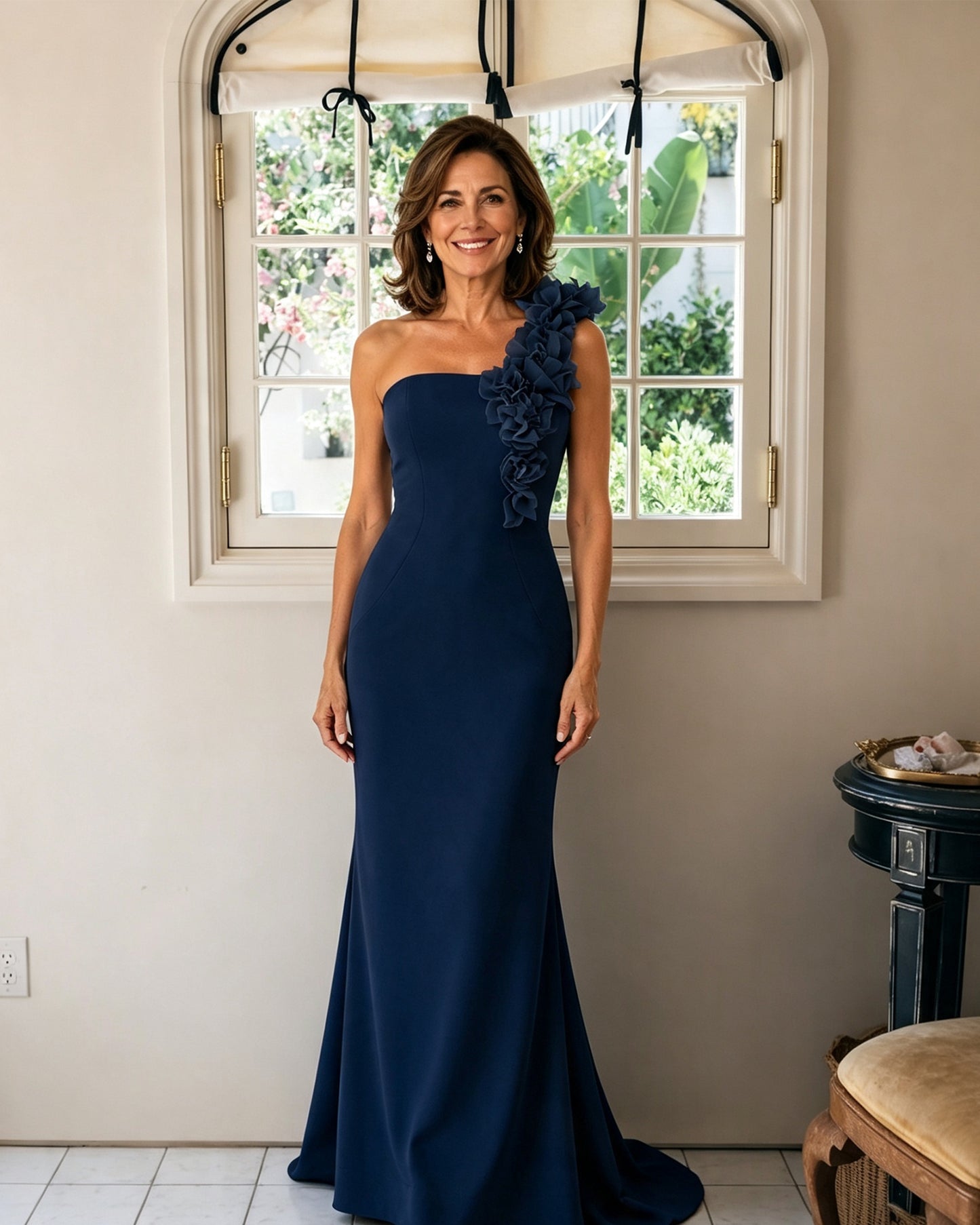 One-Shoulder Floral Applique Mermaid Mother of the Bride Dress