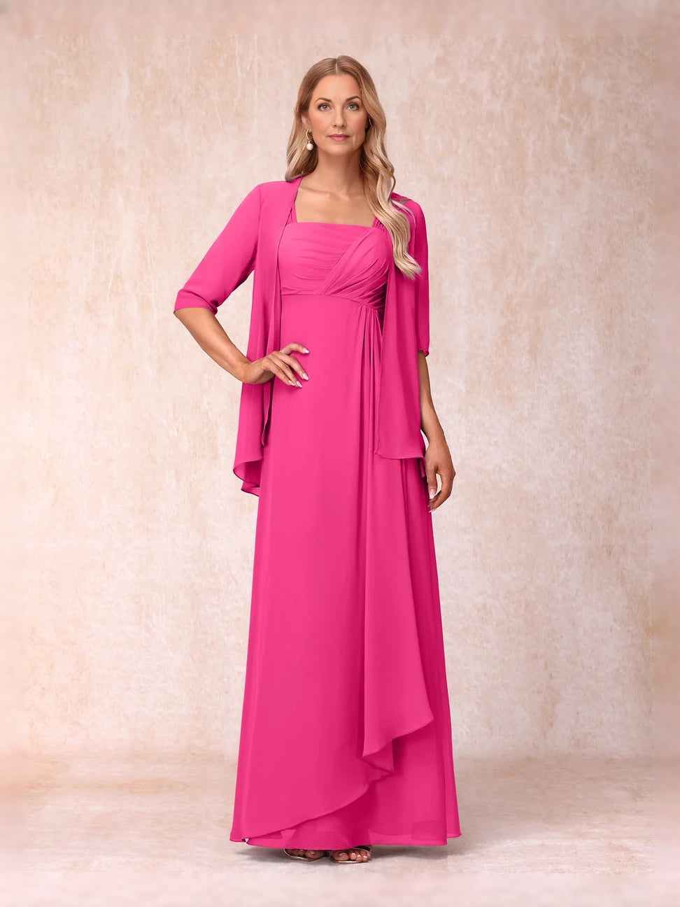 Ruched Layered Square Neck A-Line Floor-Length Chiffon Mother of the Bride Dress for Wedding Celebration
