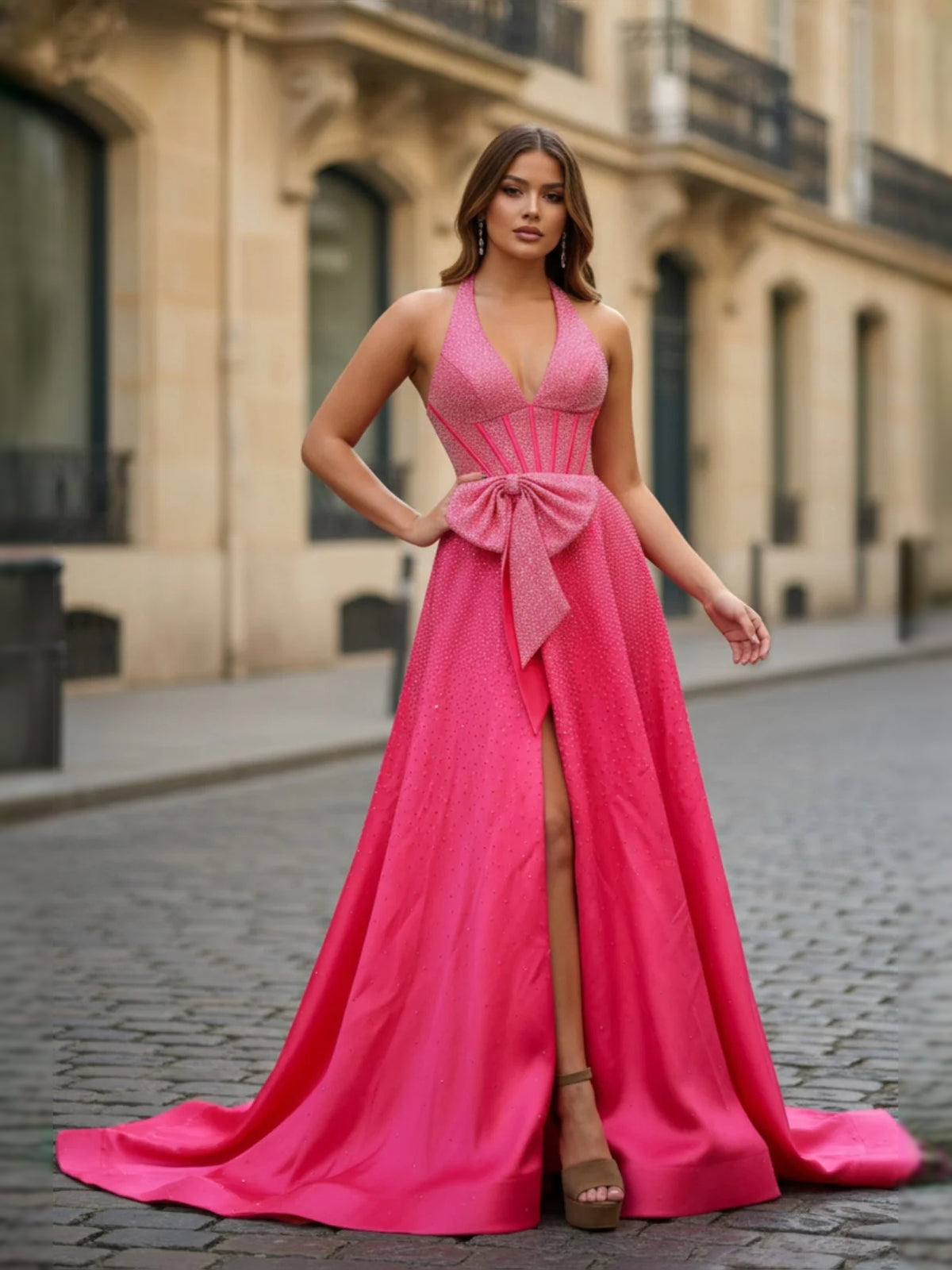 Hot Pink Bow Beaded Slit Halter Neck A-Line Floor-Length Satin Prom Dress for Prom Night