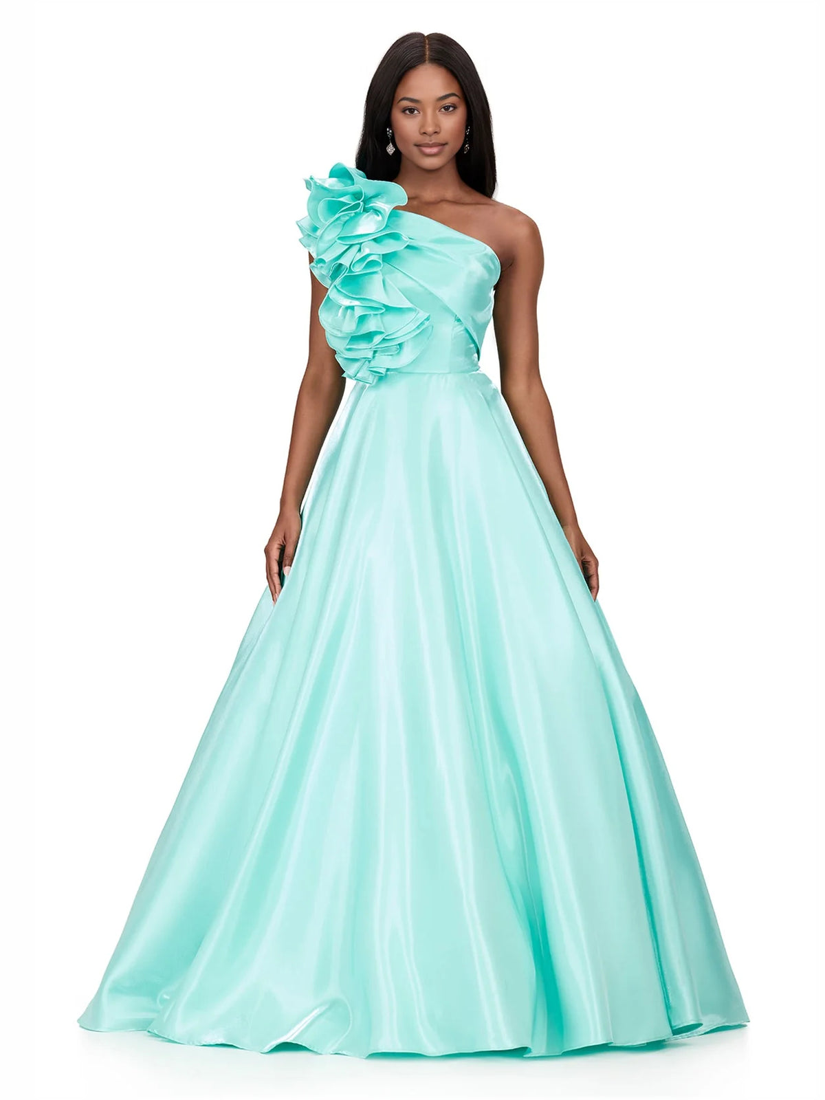 Ruffled One Shoulder A-Line Floor-Length Satin Prom Dress for Evening Event