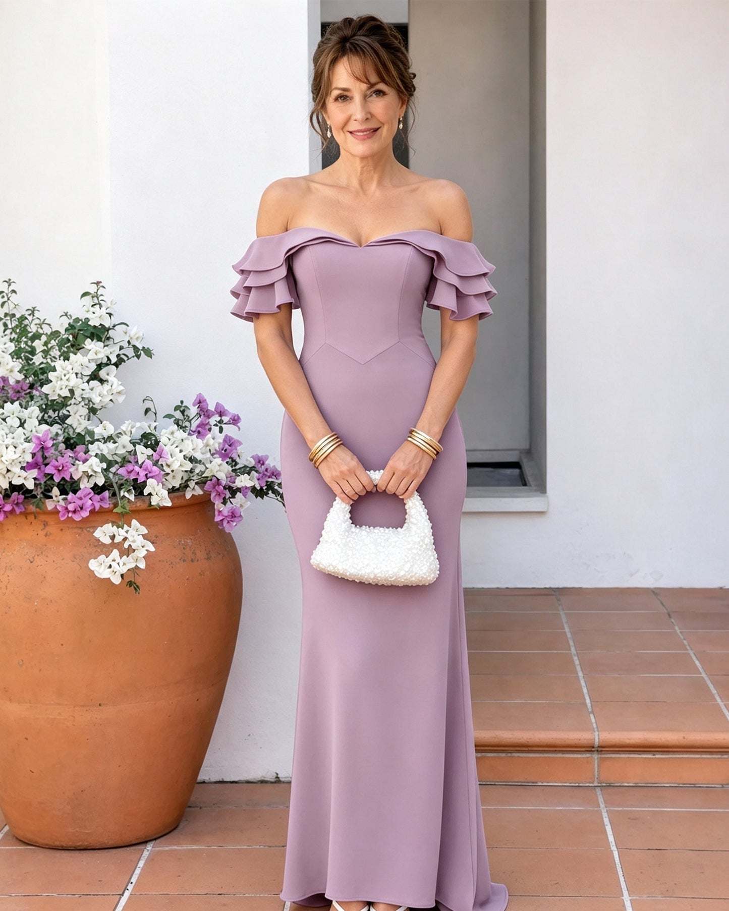 Off-Shoulder Ruffle Sleeve Mermaid Mother of the Bride Dress