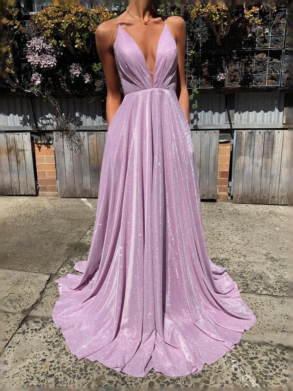 Glitter Backless V Neck A-Line Maxi Prom Dress for Black Tie Event