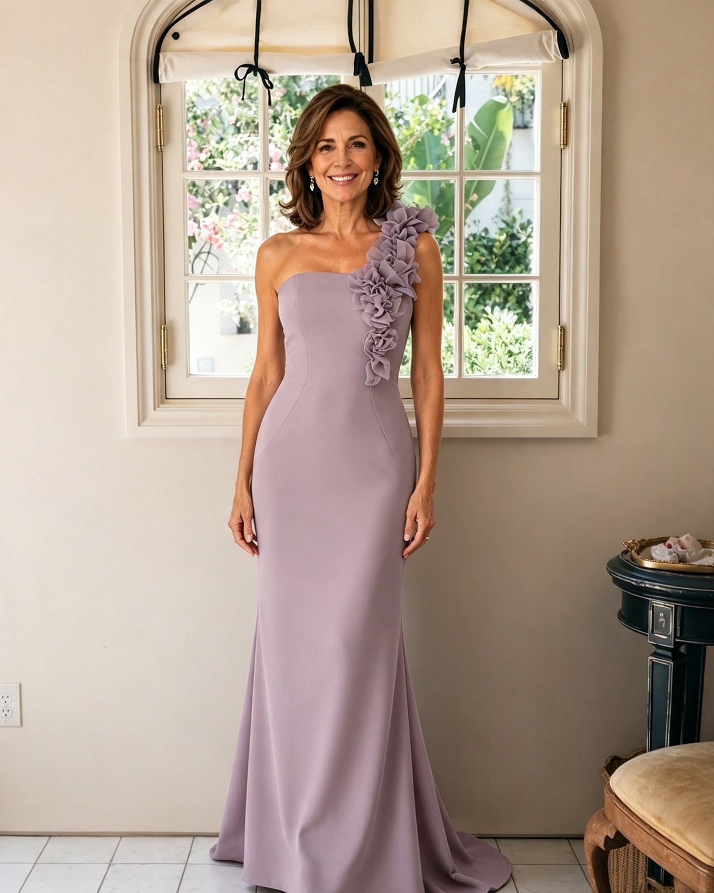 One-Shoulder Floral Applique Mermaid Mother of the Bride Dress
