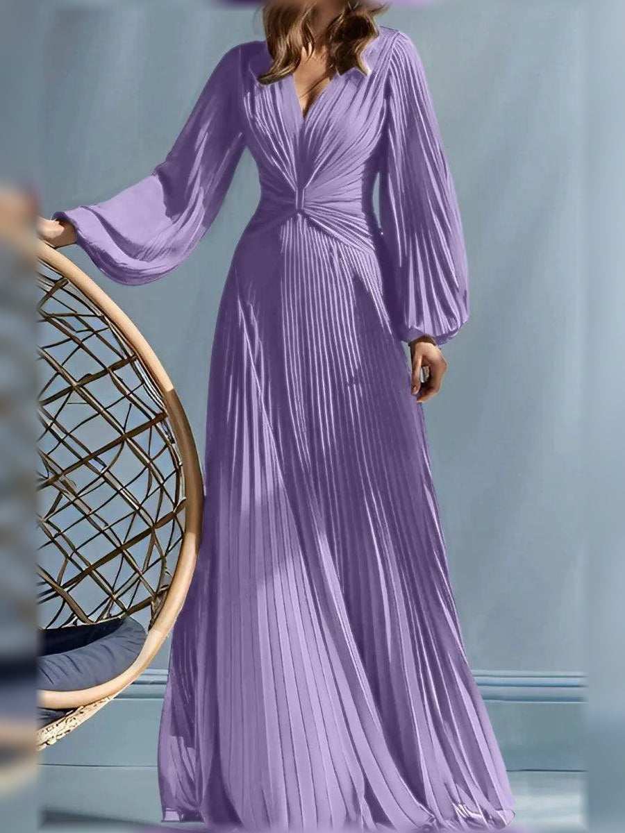 Ruched Pleated V Neck A-Line Floor-Length Mother of the Bride Dress for Gala Dinner