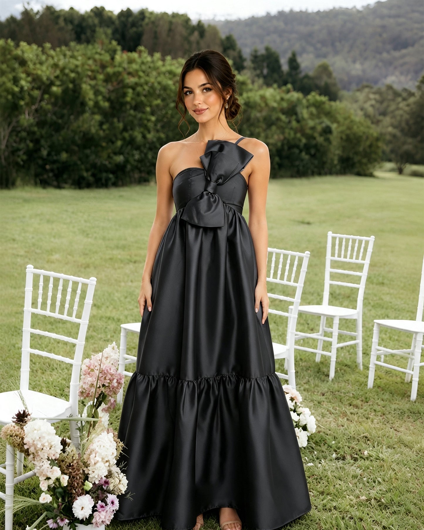 One-Shoulder Satin A-Line Bridesmaid Dress with Statement Ruffle
