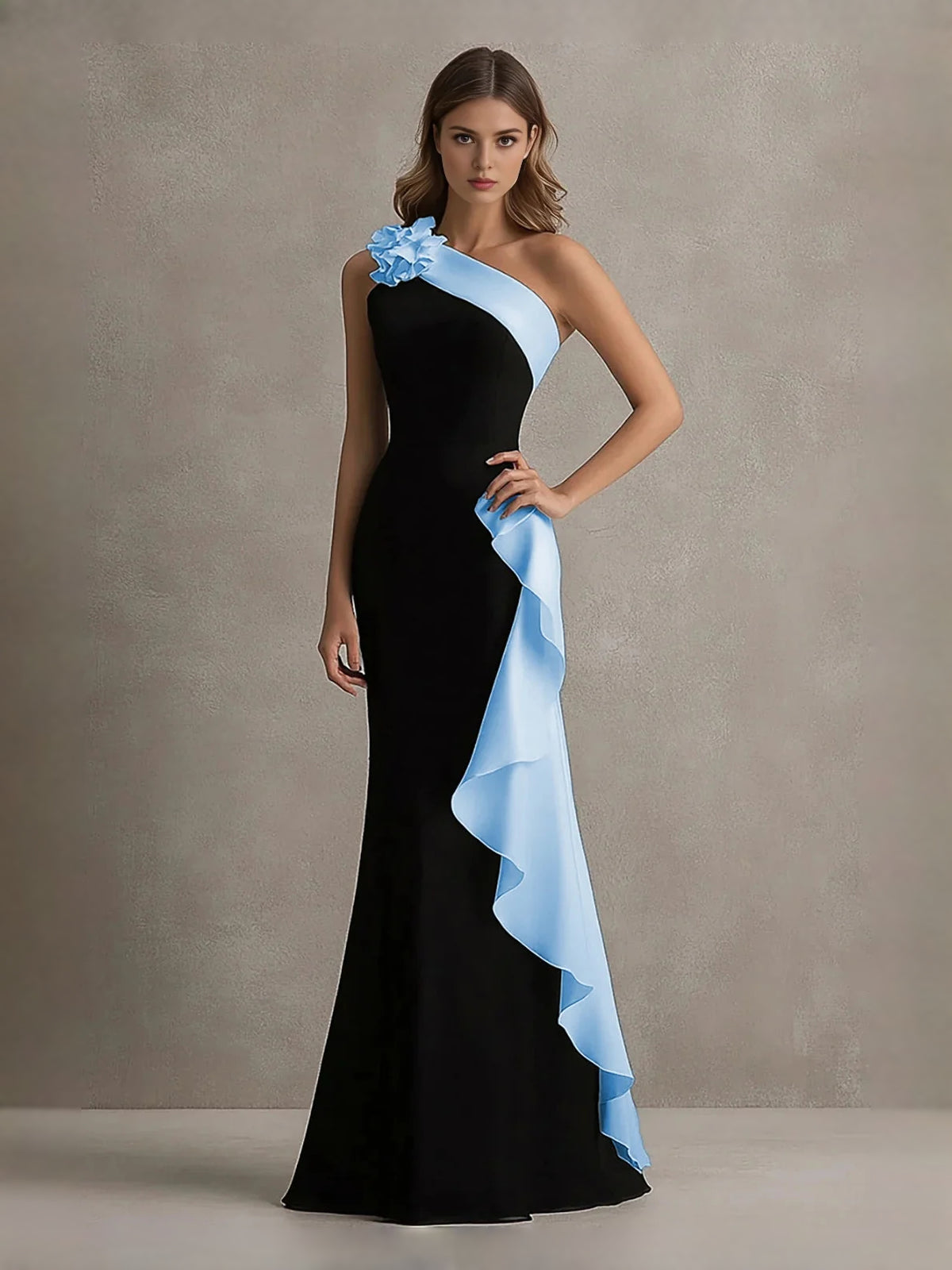Draped Ruffled Floral One Shoulder Mermaid Floor-Length Prom Dress for Gala
