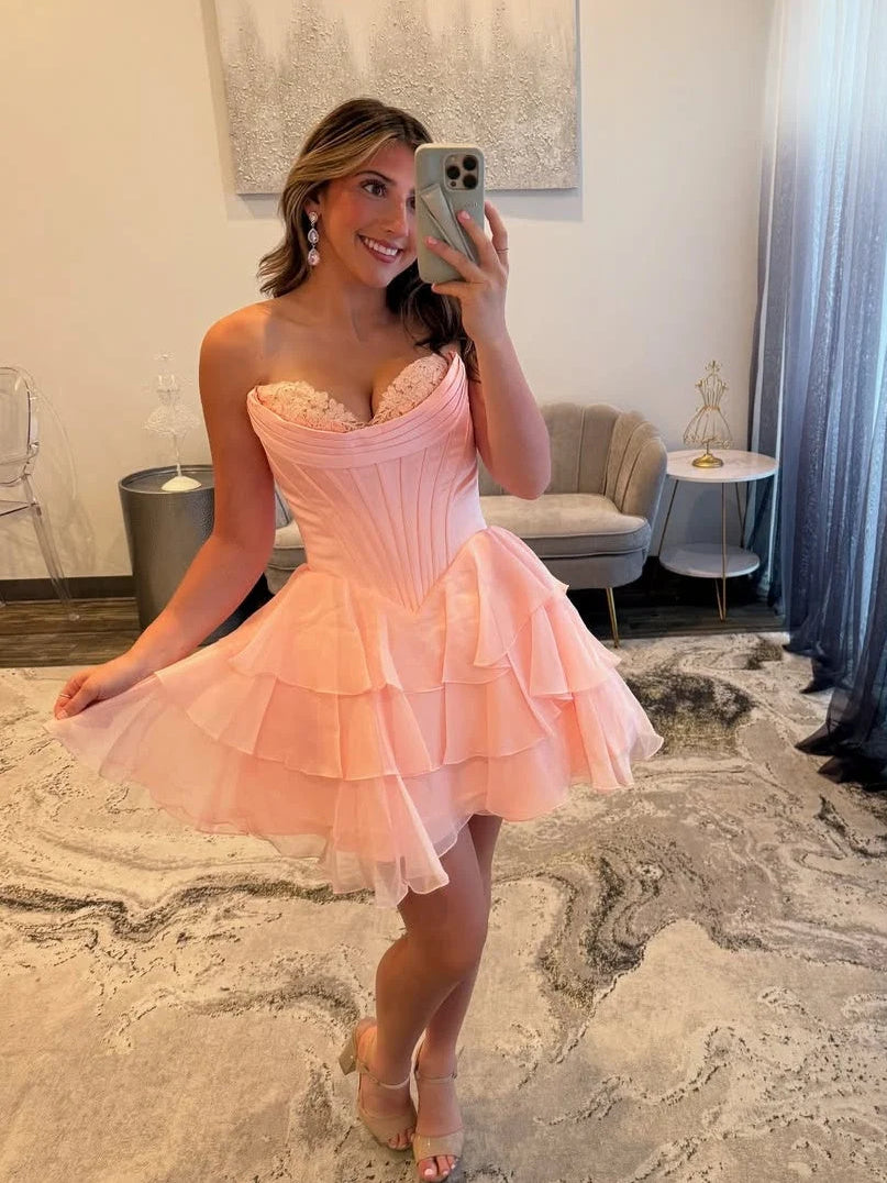 Ruched Corset Floral Ruffled Sweetheart A-Line Mini Stretch Satin Homecoming Dress for Banquet